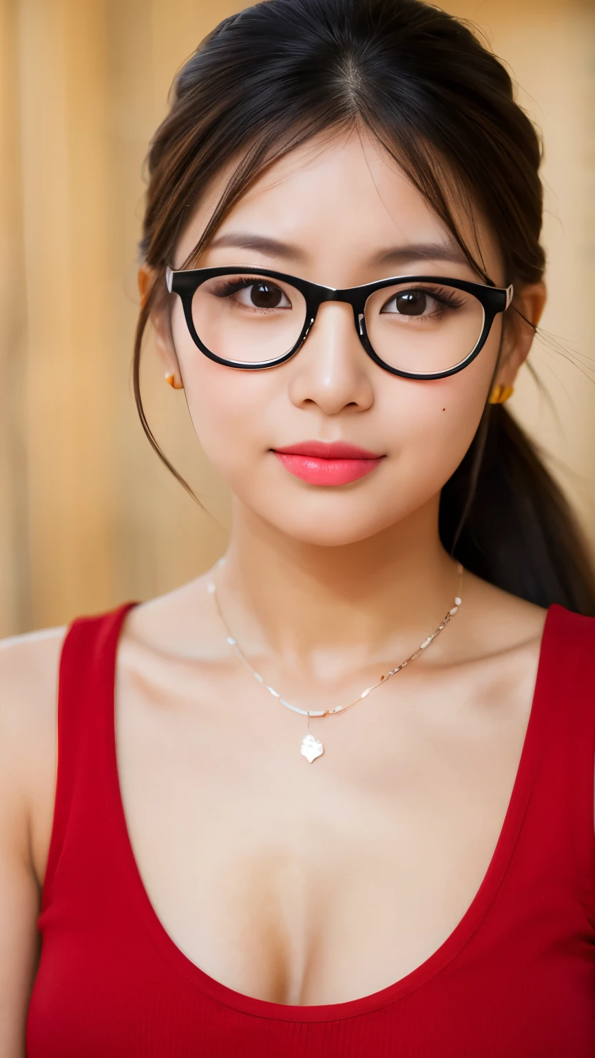 UHD, extreme close-up of face cute Korean female,Chest size 32 inches, ponytail, glasses, wearing red stripe tank top, necklace , in the hut, bokeh background