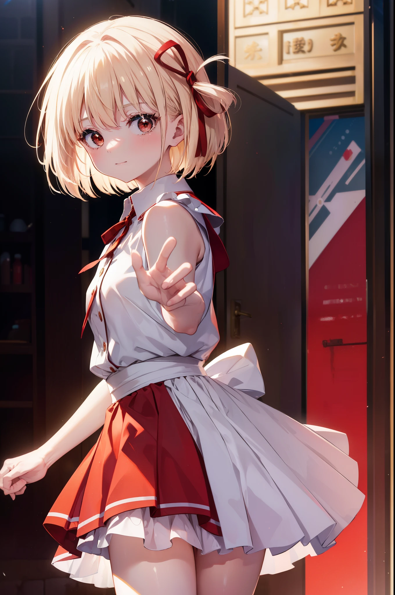 chisatonishikigi, nishikigi chisato, short hair, bangs, blonde hair, (red eyes:1.5), hair ribbon, one side up, bob cut,squinting,mouth open,smile,she was wearing a maid long skirt, white stockings on her legs, and lace gloves,I'm lifting my skirt,
break indoors, coffee shop,
break looking at viewer, (cowboy shot:1.5),
break (masterpiece:1.2), highest quality, High resolution, unity 8k wallpaper, (figure:0.8), (detailed and beautiful eyes:1.6), highly detailed face, perfect lighting, Very detailed CG, (perfect hands, perfect anatomy),