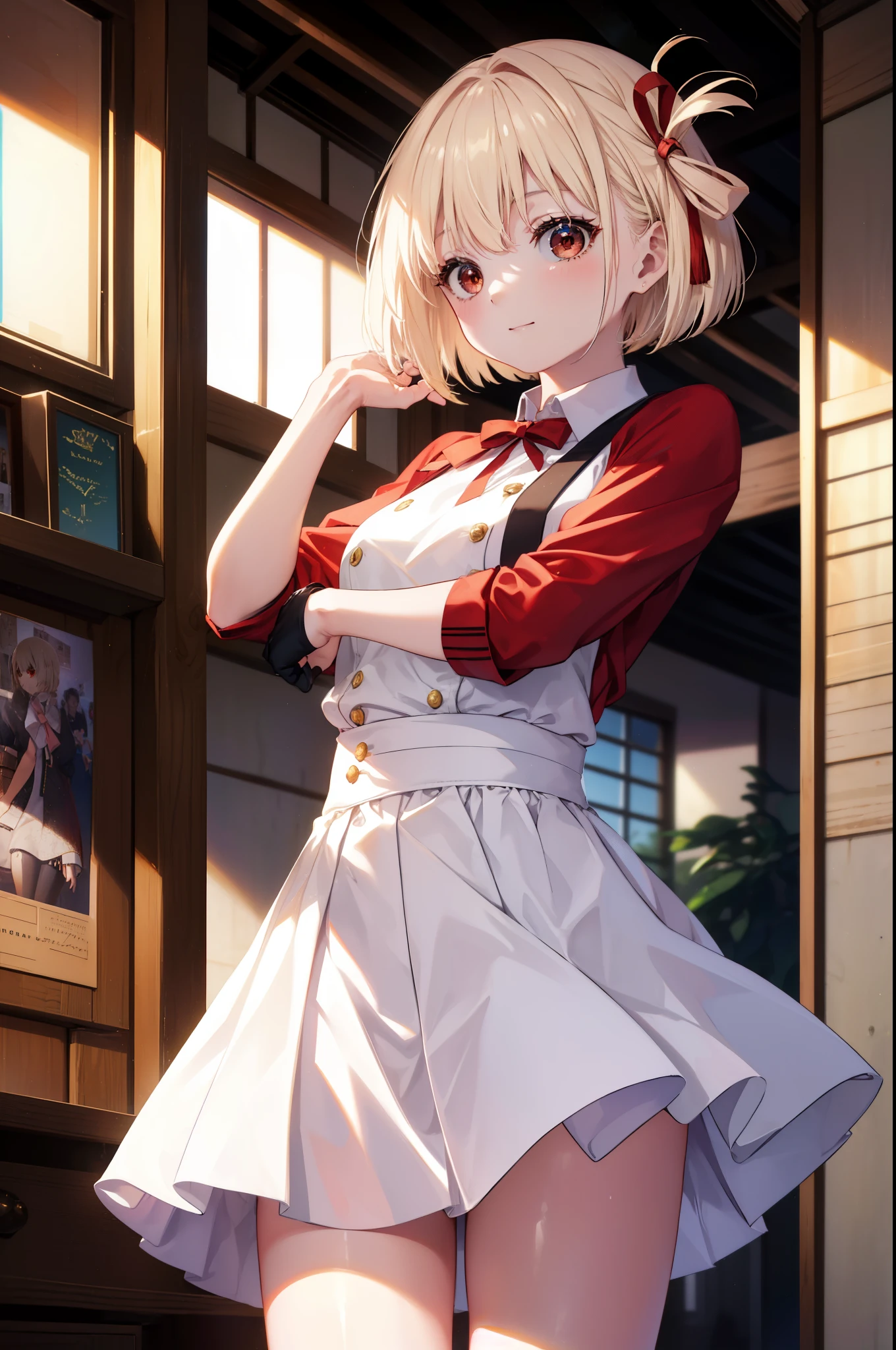 chisatonishikigi, nishikigi chisato, short hair, bangs, blonde hair, (red eyes:1.5), hair ribbon, one side up, bob cut,squinting,mouth open,smile,she was wearing a maid long skirt, white stockings on her legs, and lace gloves,I'm lifting my skirt,
break indoors, coffee shop,
break looking at viewer, (cowboy shot:1.5),
break (masterpiece:1.2), highest quality, High resolution, unity 8k wallpaper, (figure:0.8), (detailed and beautiful eyes:1.6), highly detailed face, perfect lighting, Very detailed CG, (perfect hands, perfect anatomy),