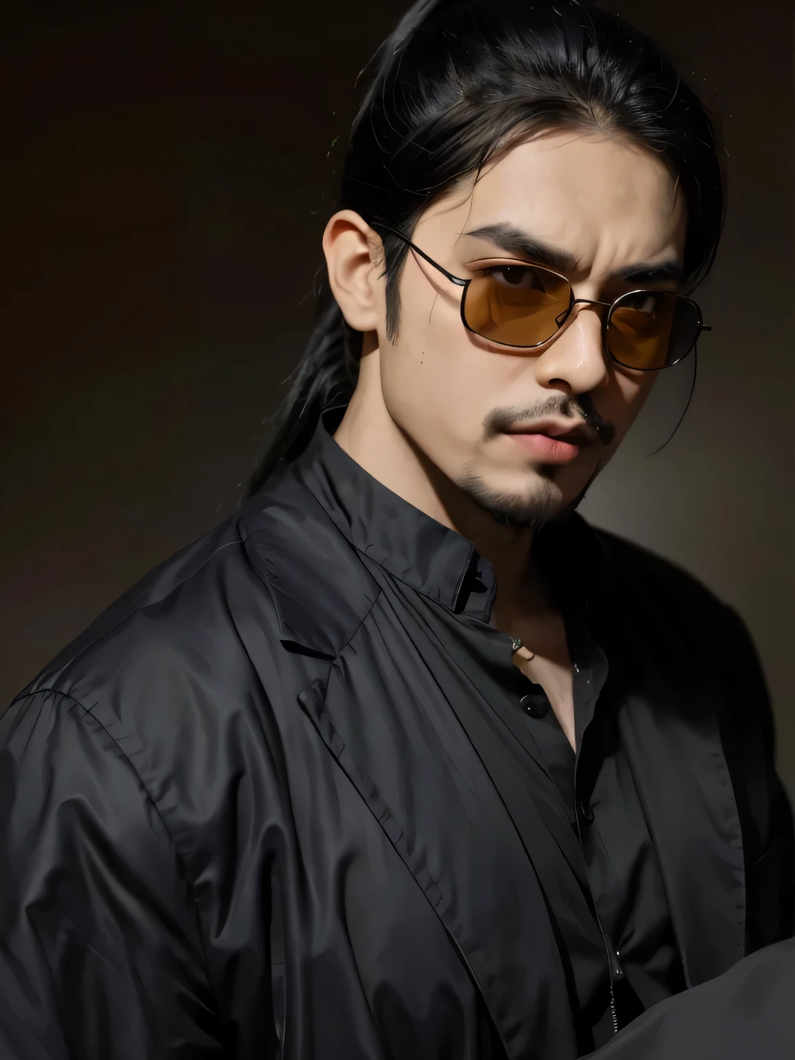 Man with long hair wearing a black jacket and sunglasses, inspirado em Jorge Jacinto, Khyzyl Saleem, wavy long black hair and glasses, Foto de perfil, ramil sunga, com seus longos cabelos pretos, Estilo Zigor Samaniego, inspirado em Zhu Da, no estilo de kar wai wong, com cabelos longos