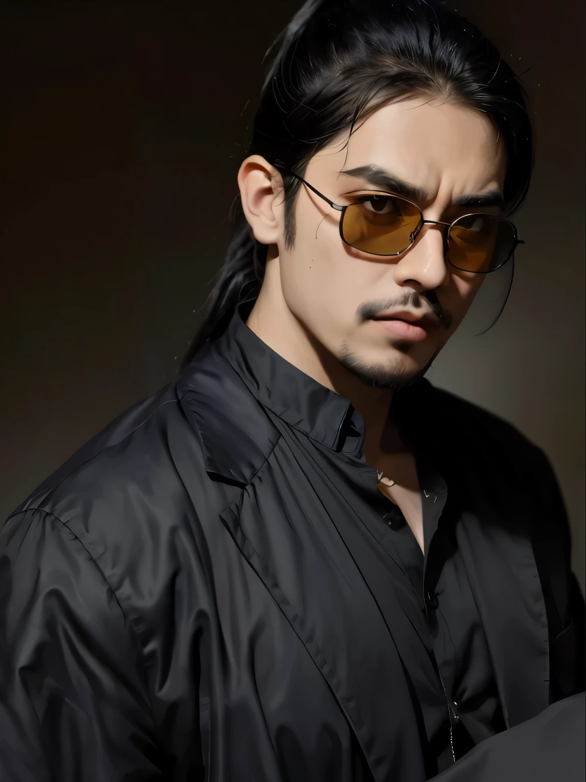 Man with long hair wearing a black jacket and sunglasses, inspirado em Jorge Jacinto, Khyzyl Saleem, wavy long black hair and glasses, Foto de perfil, ramil sunga, com seus longos cabelos pretos, Estilo Zigor Samaniego, inspirado em Zhu Da, no estilo de kar wai wong, com cabelos longos