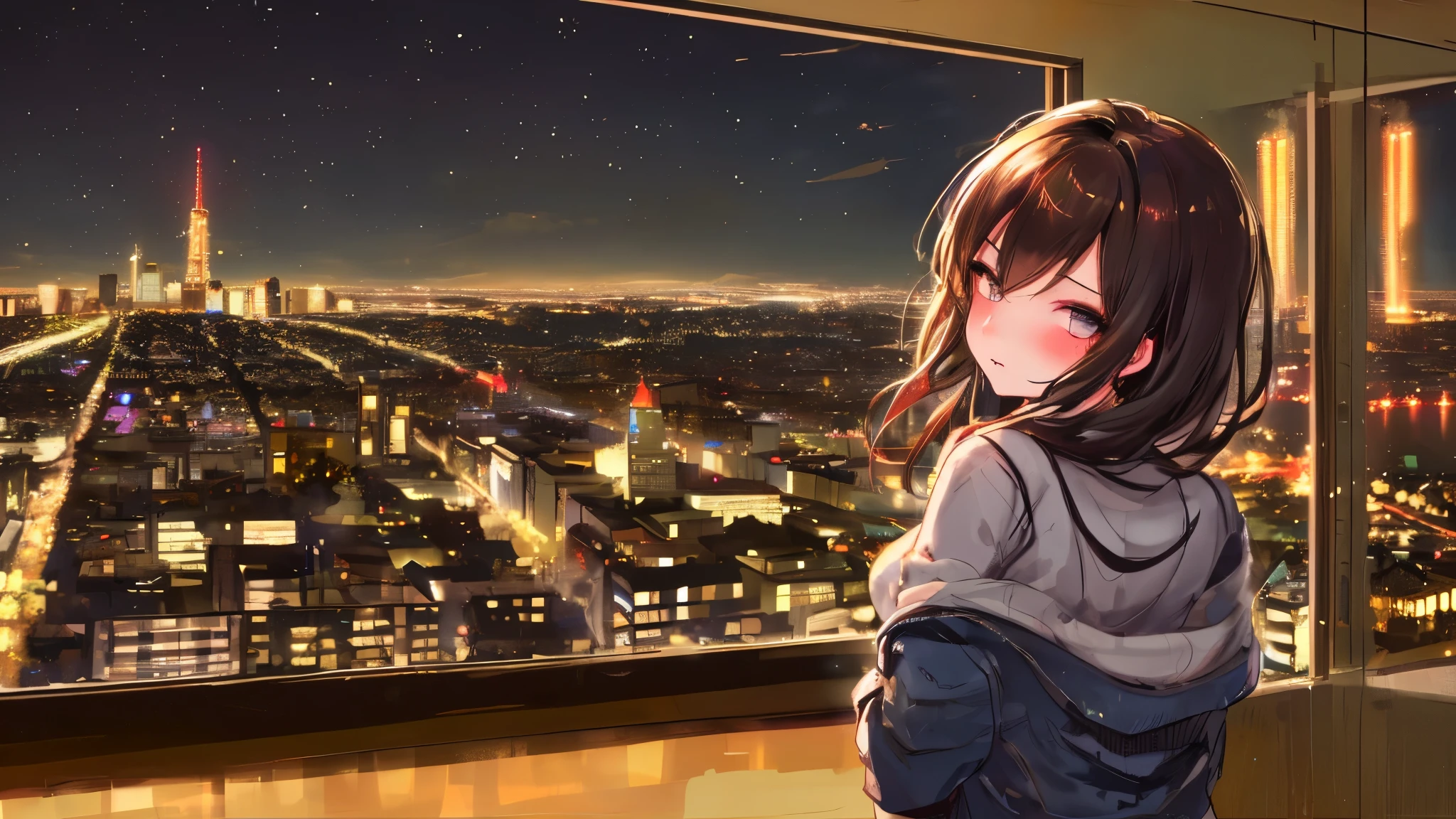 Girl from behind who is looking towards you in a winking way, in front of a window overlooking a metropolis at night full of lights,