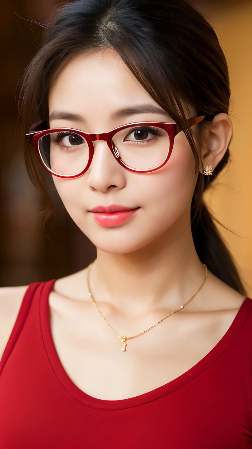 UHD, extreme close-up of face cute Korean female,Chest size 32 inches, ponytail, glasses, wearing red stripe tank top, necklace , in the hut, bokeh background