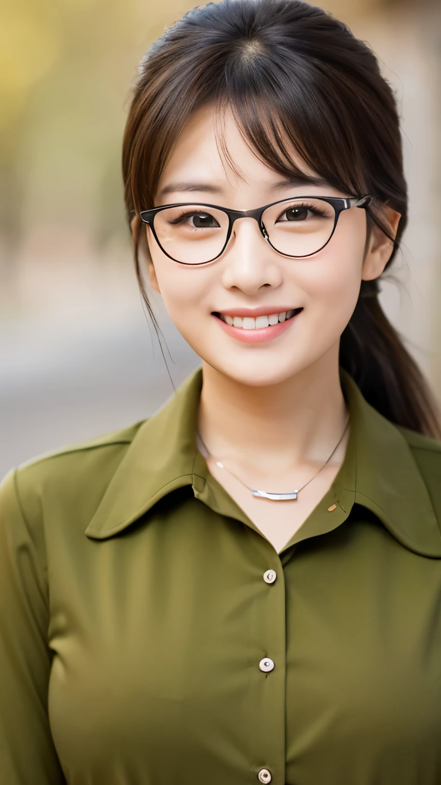 UHD, extreme close-up of face cute Korean female,Chest size 32 inches, ponytail, glasses, wearing shirt with collar, necklace , smile, in the hut, bokeh background