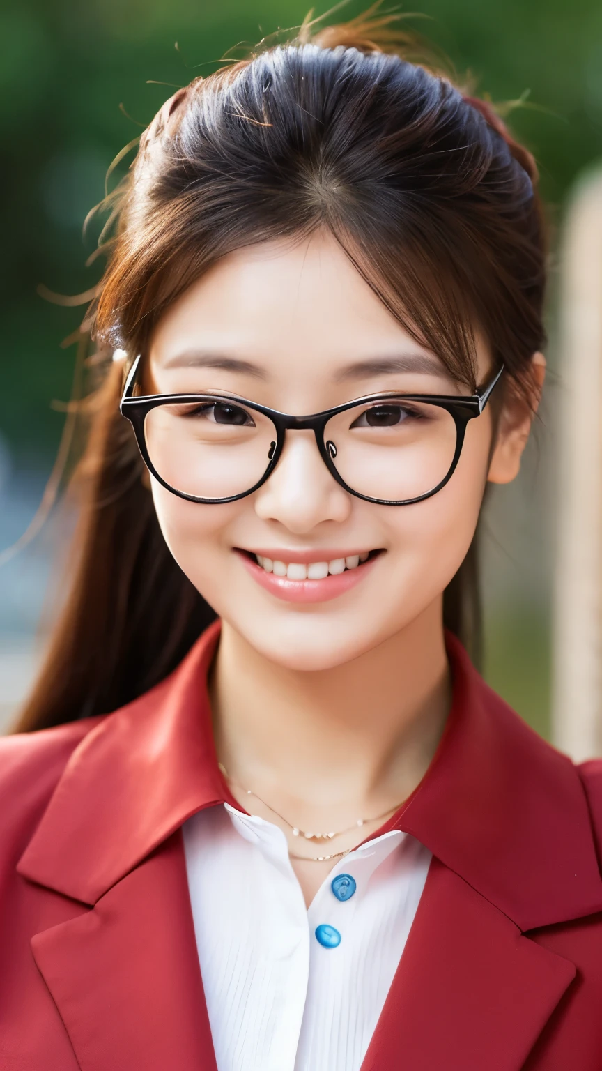 UHD, extreme close-up of face cute Korean female,Chest size 32 inches, ponytail, glasses, wearing shirt with collar, necklace , smile, in the hut, bokeh background