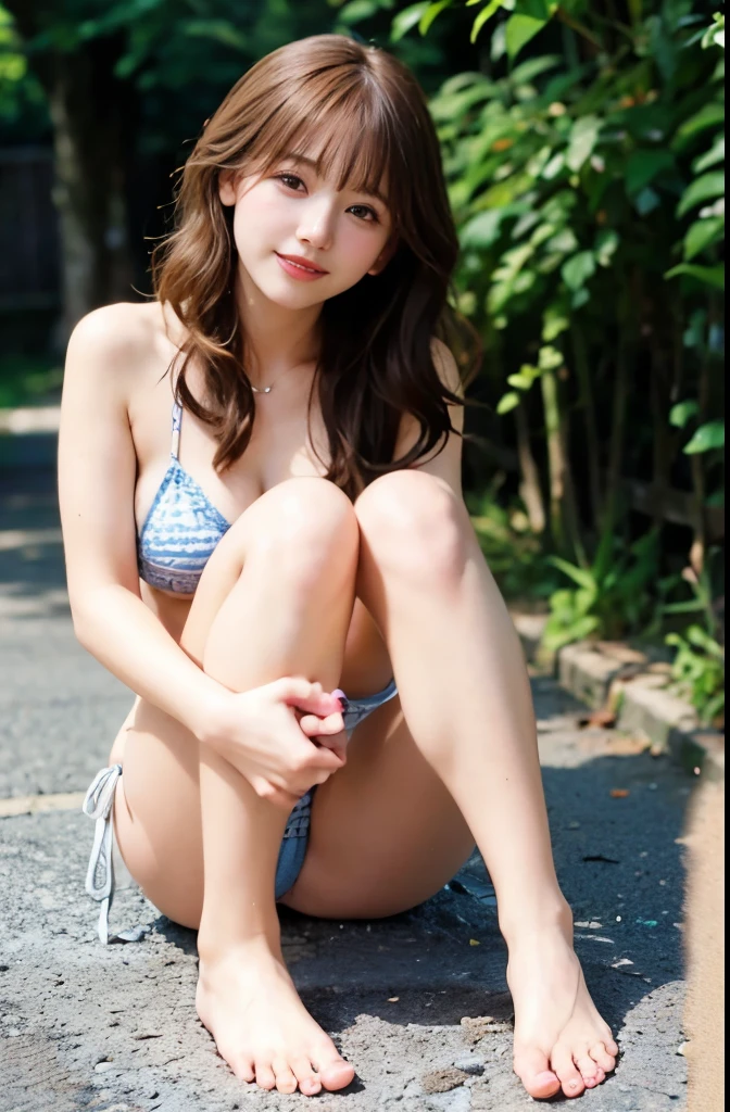 (best quality,4k,8k,highres,masterpiece:1.2),1 beautiful woman,20 age,bikini,35mm lens,f/1,full body shot,large chest,Long Hair with blunt bangs,Wavy Hair,Random hair color,crawling position on their hands and knees,soft sunlight,vibrant colors,playful expression