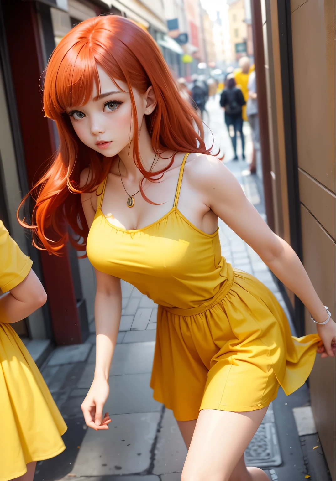 Cute girl , red hair, yellow clothes, Yellow dress