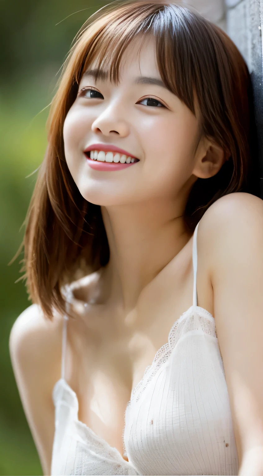 Japanese ),((beautiful girl)),cleavage,An expression that imagines something pleasant:1.2,(perfect body beauty:1.2),((perfect body)),(shy smile),beautiful teeth,