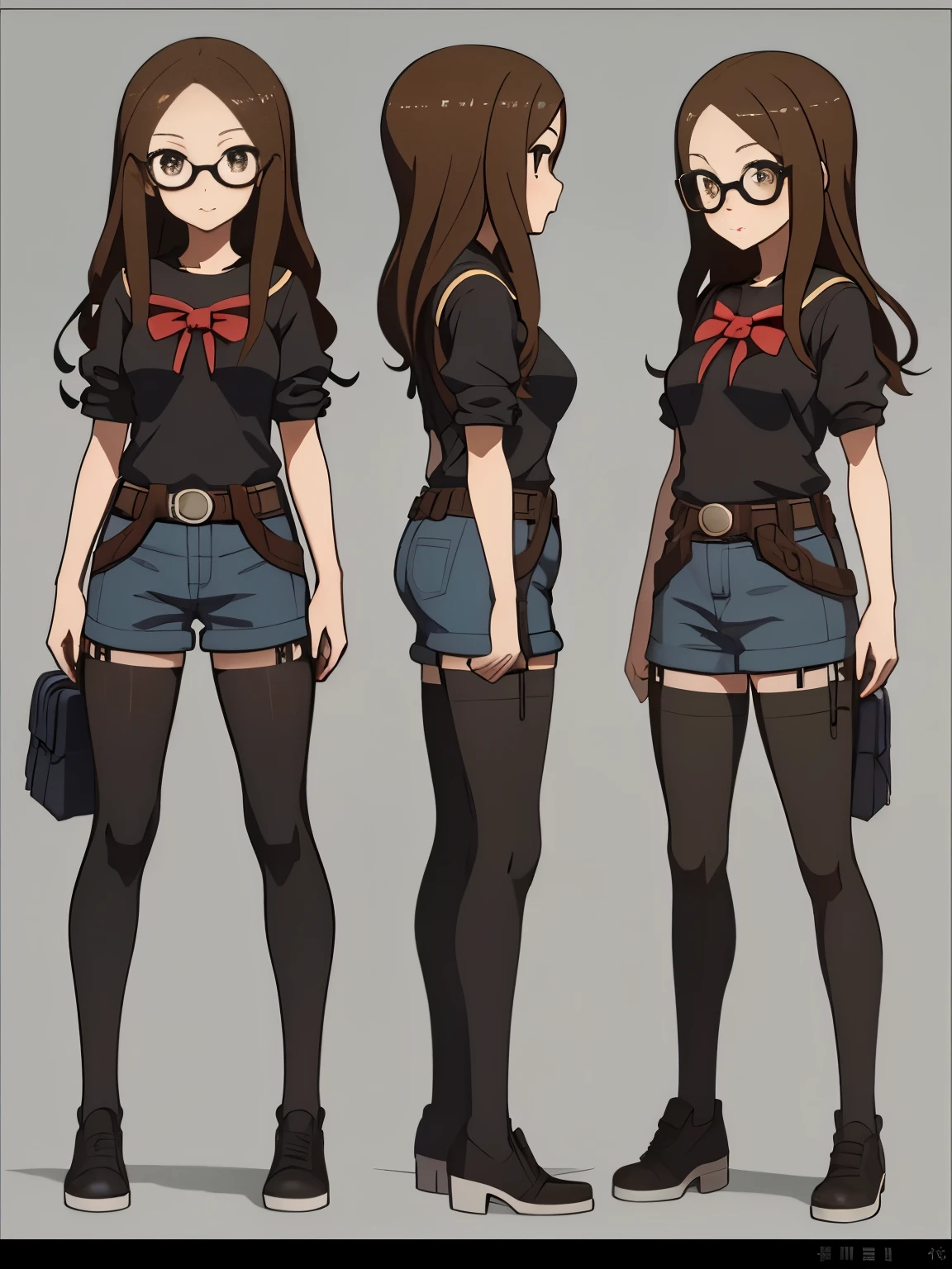 （masterpiece、Super exquisite、high resolution），（romantic、Innocent、𝓡𝓸𝓶𝓪𝓷𝓽𝓲𝓬、adventure、Bold、Travel Elements），（character design sheet:1.5, same characters, front, side, Back), *********** wearing princess costume, Glasses, Long curly hair, bow, lace, Black Sweater, bag, waist pouch, harness, tool带, tool