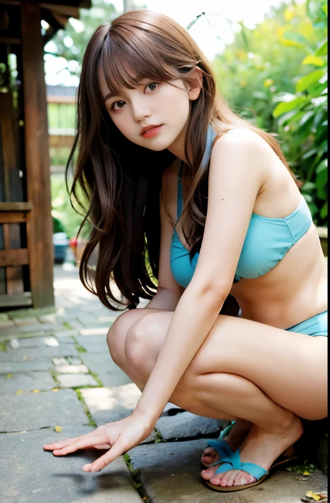 (best quality,4k,8k,highres,masterpiece:1.2),1 beautiful woman,20 age,bikini,35mm lens,f/1,full body shot,large chest,Long Hair with blunt bangs,Wavy Hair,Random hair color,(leaning forward:1.3), (hands on knees:1.3),soft sunlight,vibrant colors,playful expression