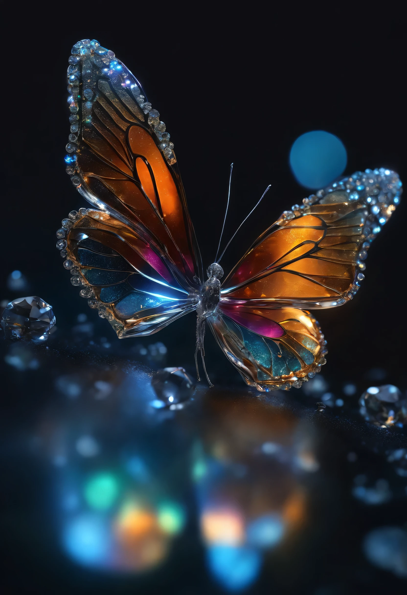 crystal butterfly, fantasy, transparent, shiny, shiny的, outstanding, colorful, amazing photography, dramatic lighting, photorealism, super detailed, 4k, depth of field, high resolution
