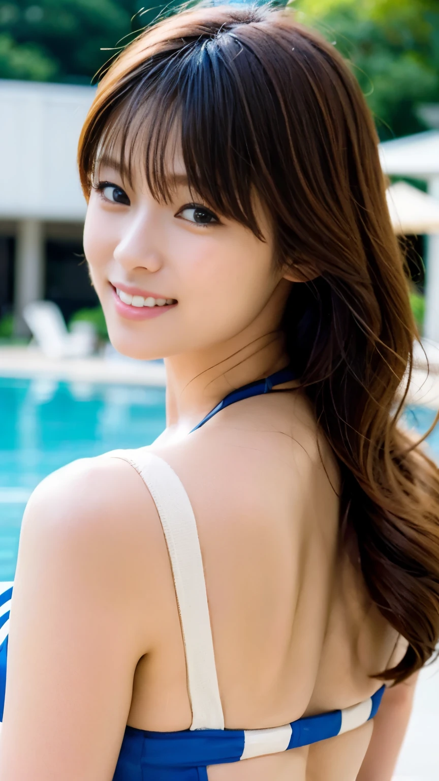 perfect anatomy ,Photo session by the sunny pool,A very popular and beautiful young idol sits by the pool and looks back over her shoulder.,String bikinis in beautiful primary colors look great,(((Raise your chin, smile and answer the camera boy.))),Hip-up shot from behind,best image quality,professional angle of view,outstanding detail,超A high resolution,realistic:1.4),high detail,focus on details,1girl concentrated in high concentration,beautiful chestnut hair,Beautiful face with a delicate and high nose,Long limbs and slim waist like a model,beautiful ankles and stiletto heels,
