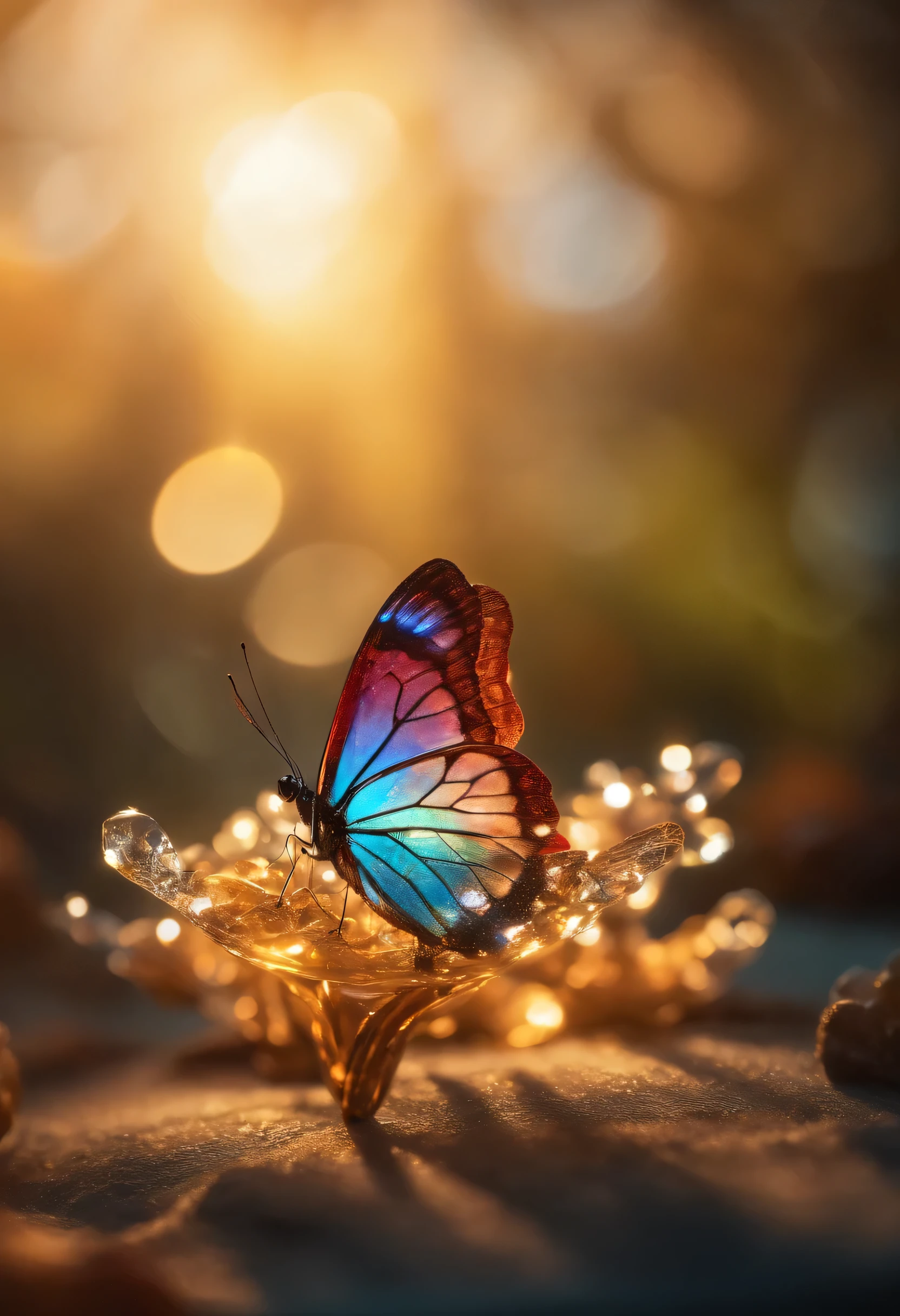 crystal butterfly, fantasy, Sunlight, transparent, shiny, shiny的, outstanding, colorful, amazing photography, dramatic lighting, photorealism, super detailed, 4k, depth of field, high resolution