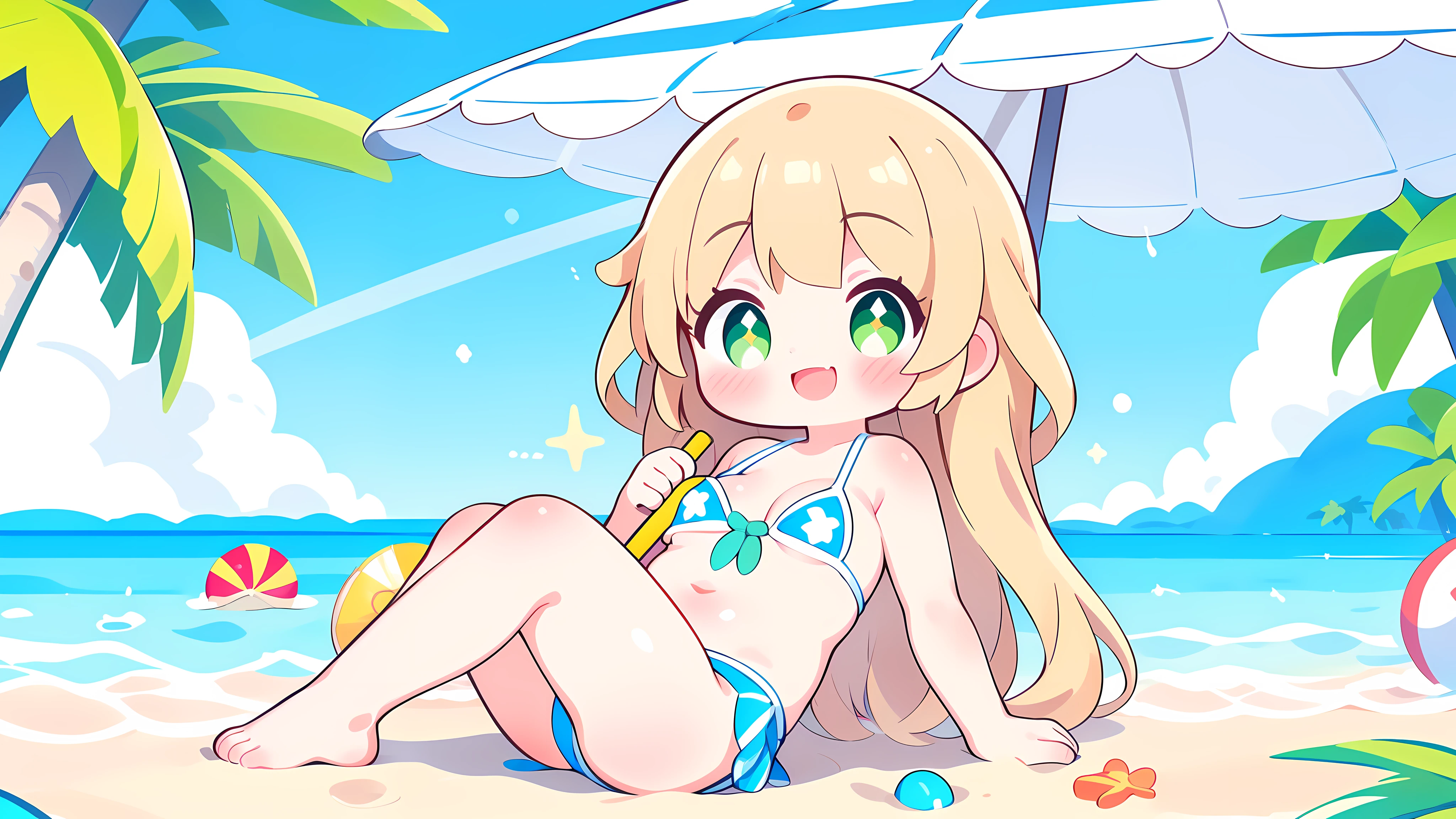 1 girl,  alone,  Permanent installation,  Bright sunlight,  Happy and carefree,  digital painting style,  long blonde hair,  beach waves,  No hair accessories,  sparkling green eyes,  A big smile,  average breast size,  summer clothing,  flowery,  barefoot,  Tropical beach background,  Palm tree,  clear blue sky,  beach umbrella,  beach ball,  Shells scattered in the sand.