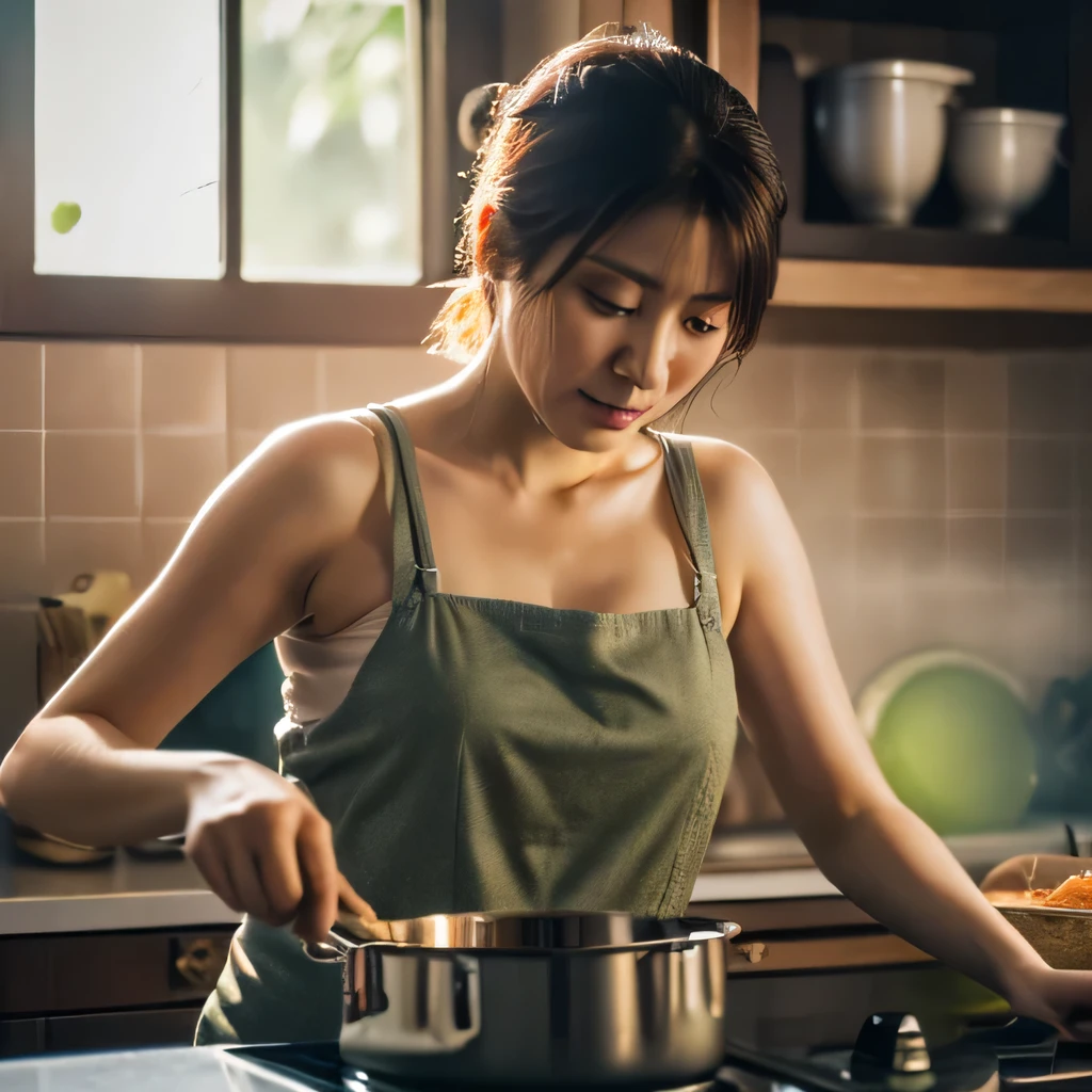 ((realistic lighting, highest quality, 8k, masterpiece: 1.3))、Photo of a Japanese woman cooking in the kitchen,Beautiful woman