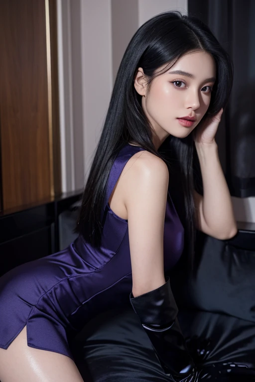 a princess with long black hair, wearing a dark purple short dress with a hint of cobalt blue. She is wearing white gloves. She is in her bedroom, night time