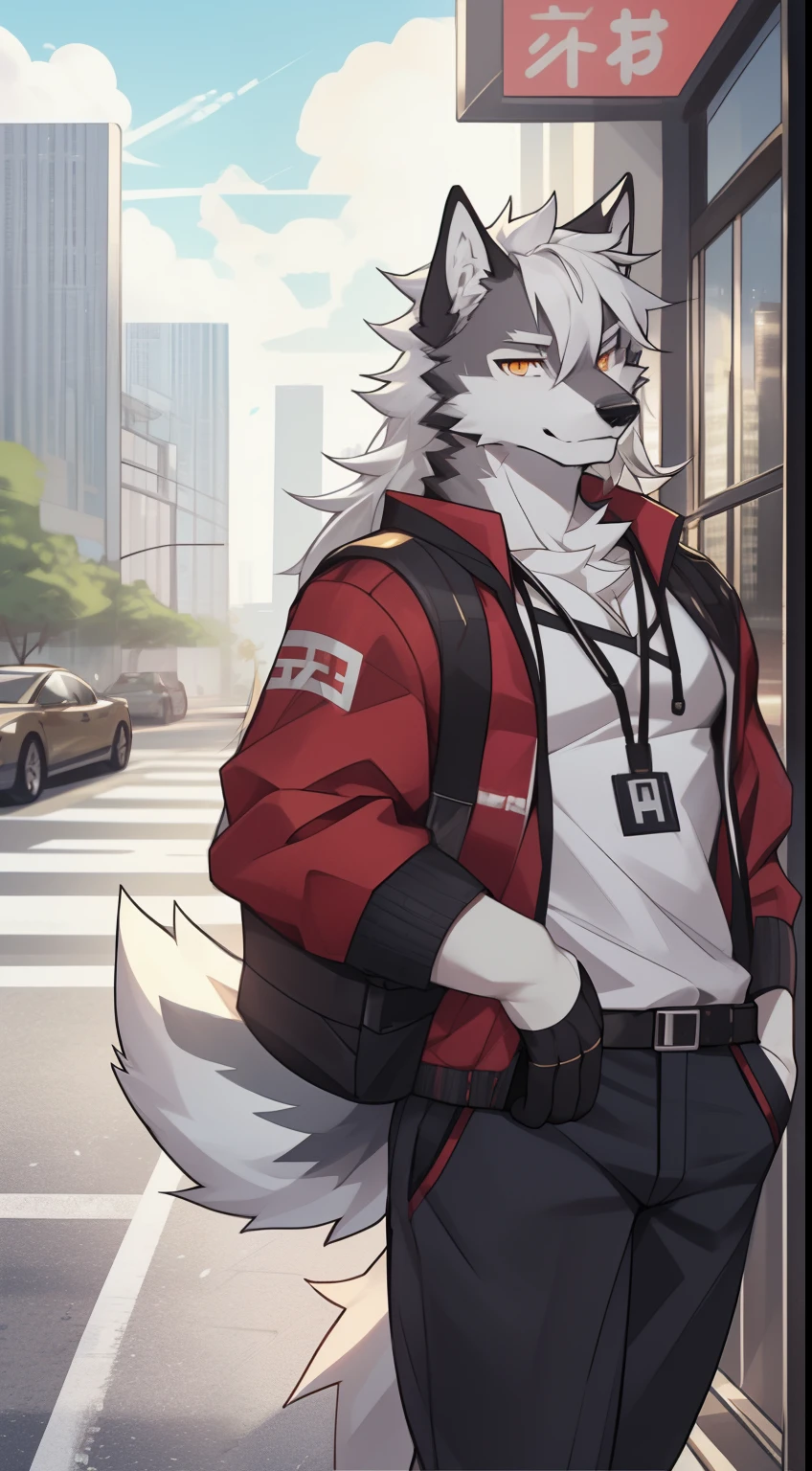 gray wolf,long white hair,City,golden pupils,Handsome,Have a better figure,Say hello by chance,Cai Xukun's