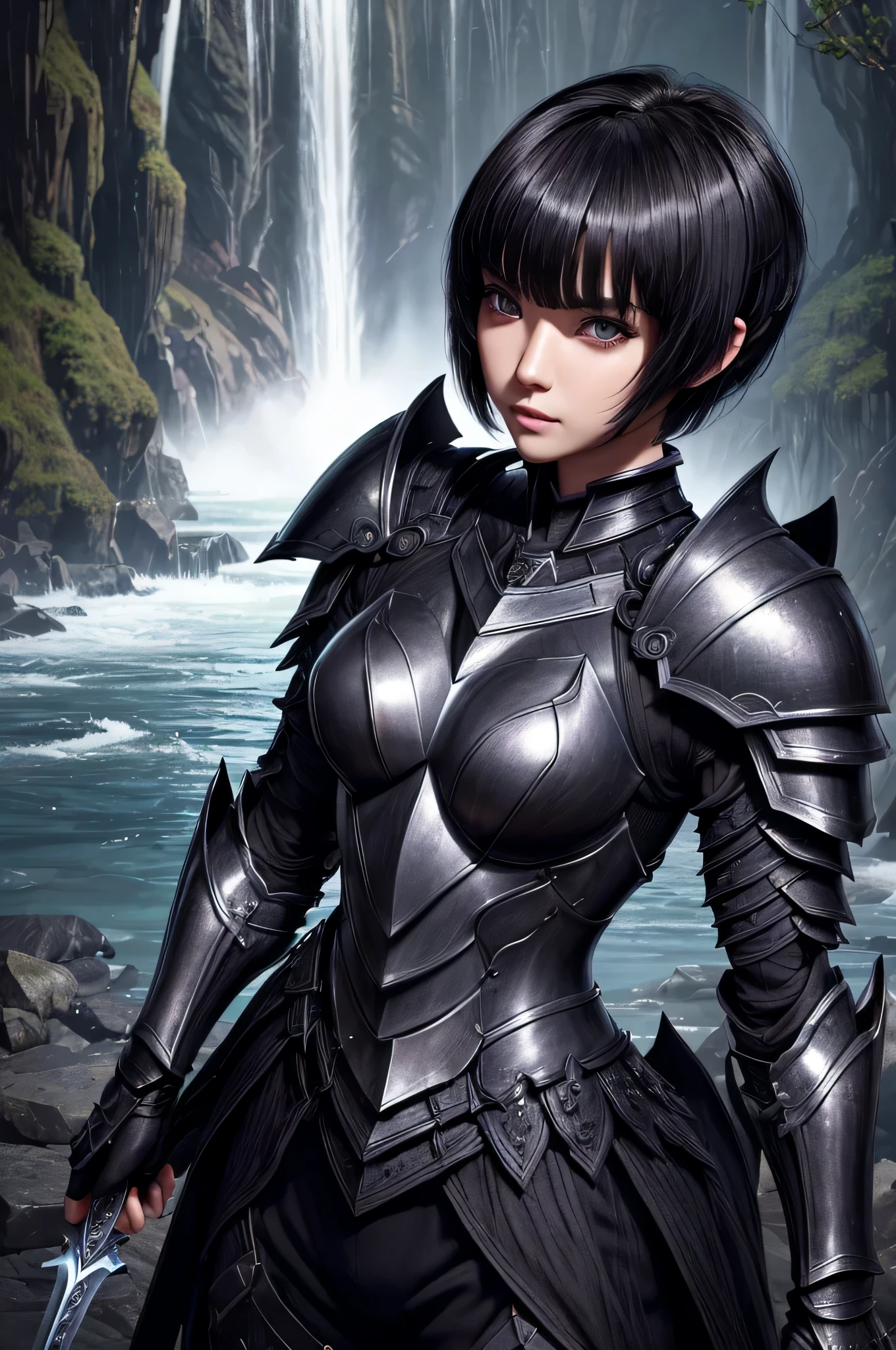 ((highest quality、masterpiece:1.3))、sharp:1.2、perfect body beauty:1.1)、Highly detailed face and skin texture、detailed eye、fantasy、(jet black armor:1.3)、double eyelid、((short hair:1.5))、(dark brown hair)、(well-groomed bangs:1.2)、((one woman))、with a sword、fantasyキャッスル、Black Knight、dark room、waterfall of darkness、The knight who became a villain、Fallen into evil、evil warrior、((beautiful hairstyle:1.4))、
