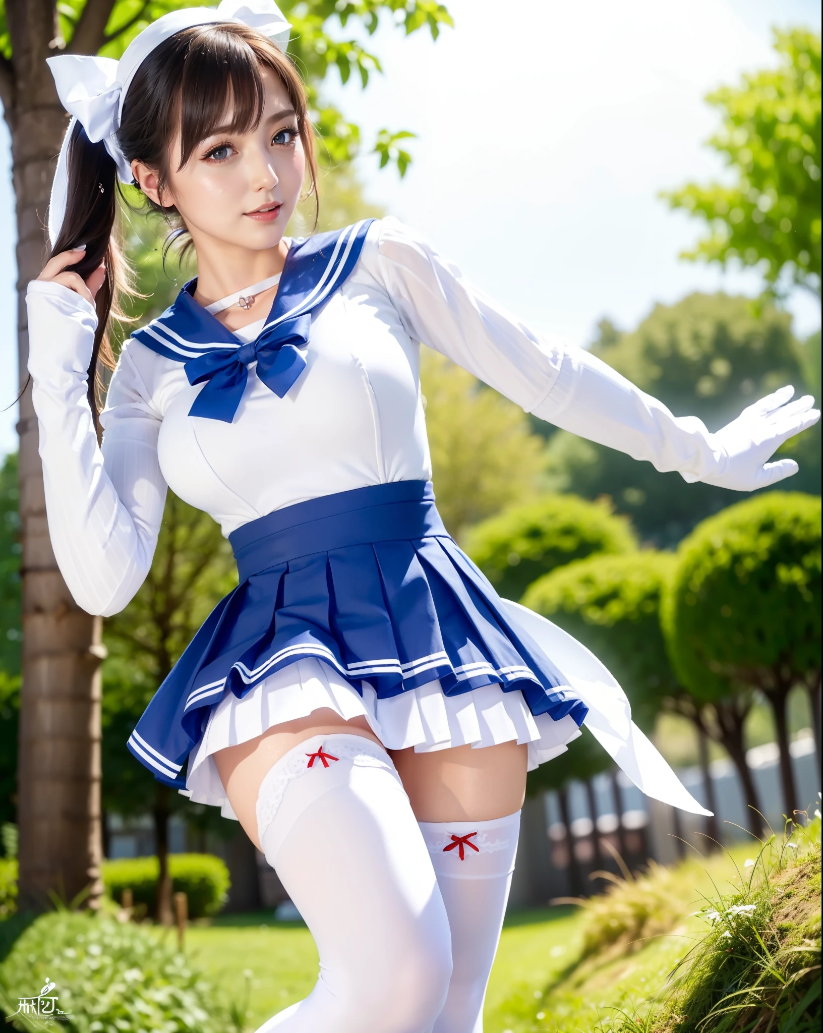 (white leotard:1.3), (magical girl costume:1.2), (blue Sailor collar:1.3), (red ribbon:1.4), (blue pleated skirt:1.3), (micro-skirt:1.3), (no_sleeve:1.2), (long_glove:1.2), (white thighhighs:1.2),(long_boots:1.2), Best Quality:1.5, 8K, masutepiece:1.3, Crisp focus:1.2, Big breasts:1.2, Beautiful woman with perfect figure:1.4, Slender Abs:1.2, Sweaty body:1.5, Highly detailed face and skin texture, Perfect face balance, Smile, beautiful studio soft light, Rim Light, vibrant detail, Hyper realistic, Octane Render, Photo realistic, in a beautiful park