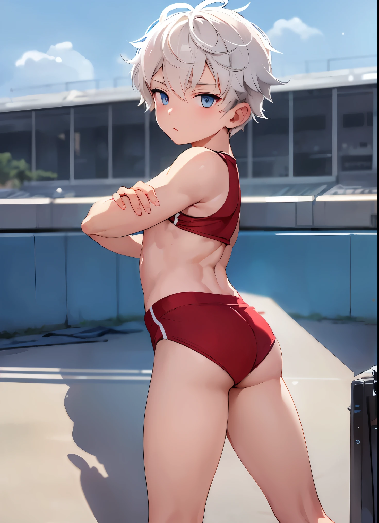 Masterpiece and high quality of one 10 year old elementary school boy), show、gray short hair、white hair、blue eyes、sharp eyes、glare、beautiful boy、Handsome and handsome、fair skin、Red Track Uniform、athletics stadium background