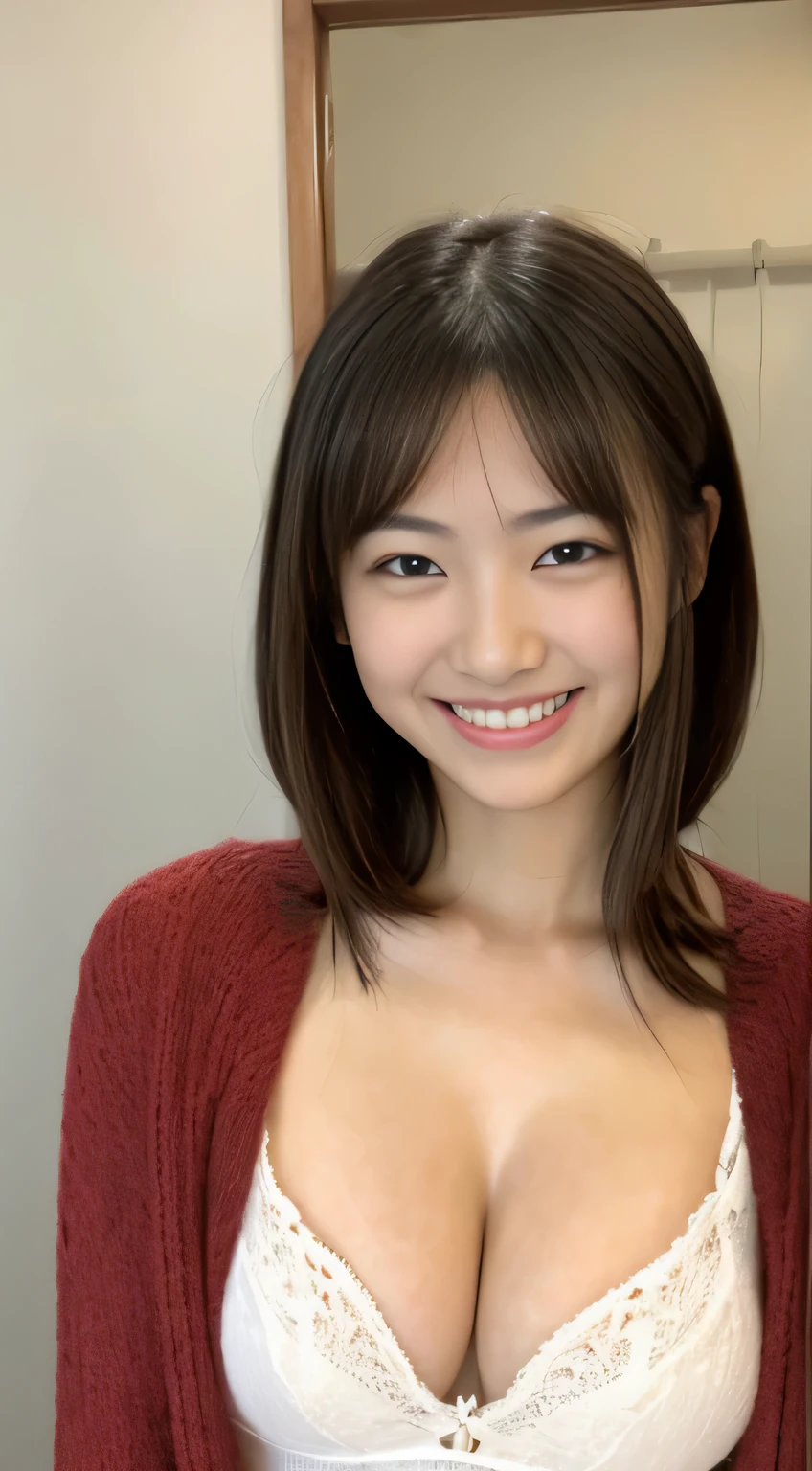 Japanese ),((beautiful girl)),cleavage,An expression that imagines something pleasant:1.2,(perfect body beauty:1.2),((perfect body)),(shy smile),beautiful teeth,