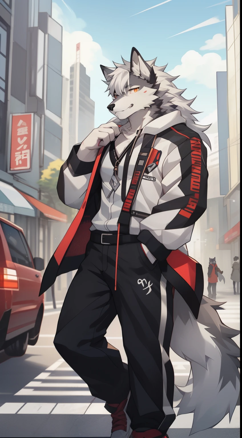 gray wolf,long white hair,City,golden pupils,Handsome,Have a better figure,Say hello by chance,Cai Xukun's