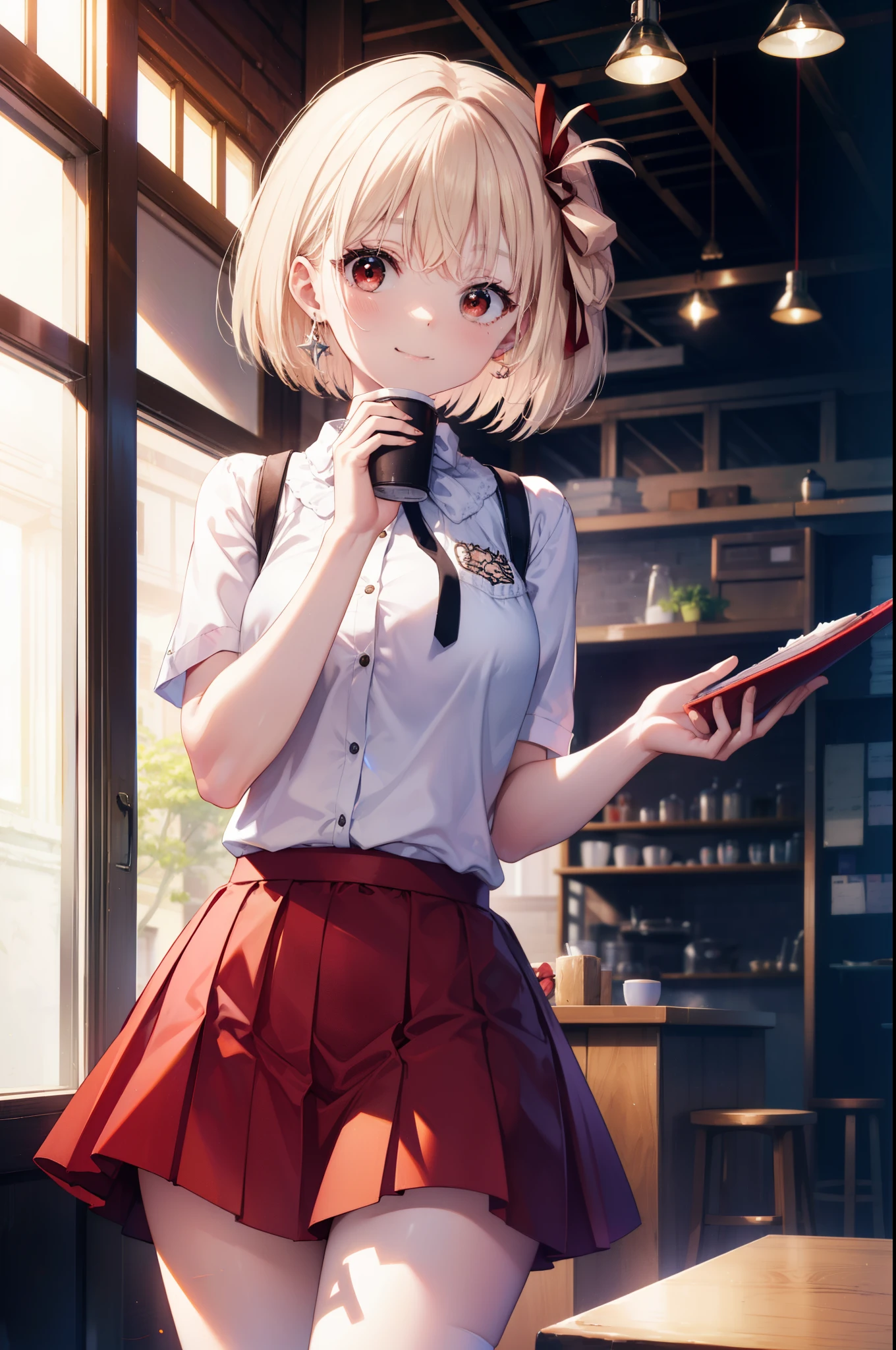 chisatonishikigi, nishikigi chisato, short hair, bangs, blonde hair, (red eyes:1.5), hair ribbon, one side up, bob cut,squinting,mouth open,smile,she was wearing a maid long skirt, white stockings on her legs, and lace gloves,I'm lifting my skirt,
break indoors, coffee shop,
break looking at viewer, (cowboy shot:1.5),
break (masterpiece:1.2), highest quality, High resolution, unity 8k wallpaper, (figure:0.8), (detailed and beautiful eyes:1.6), highly detailed face, perfect lighting, Very detailed CG, (perfect hands, perfect ???????),