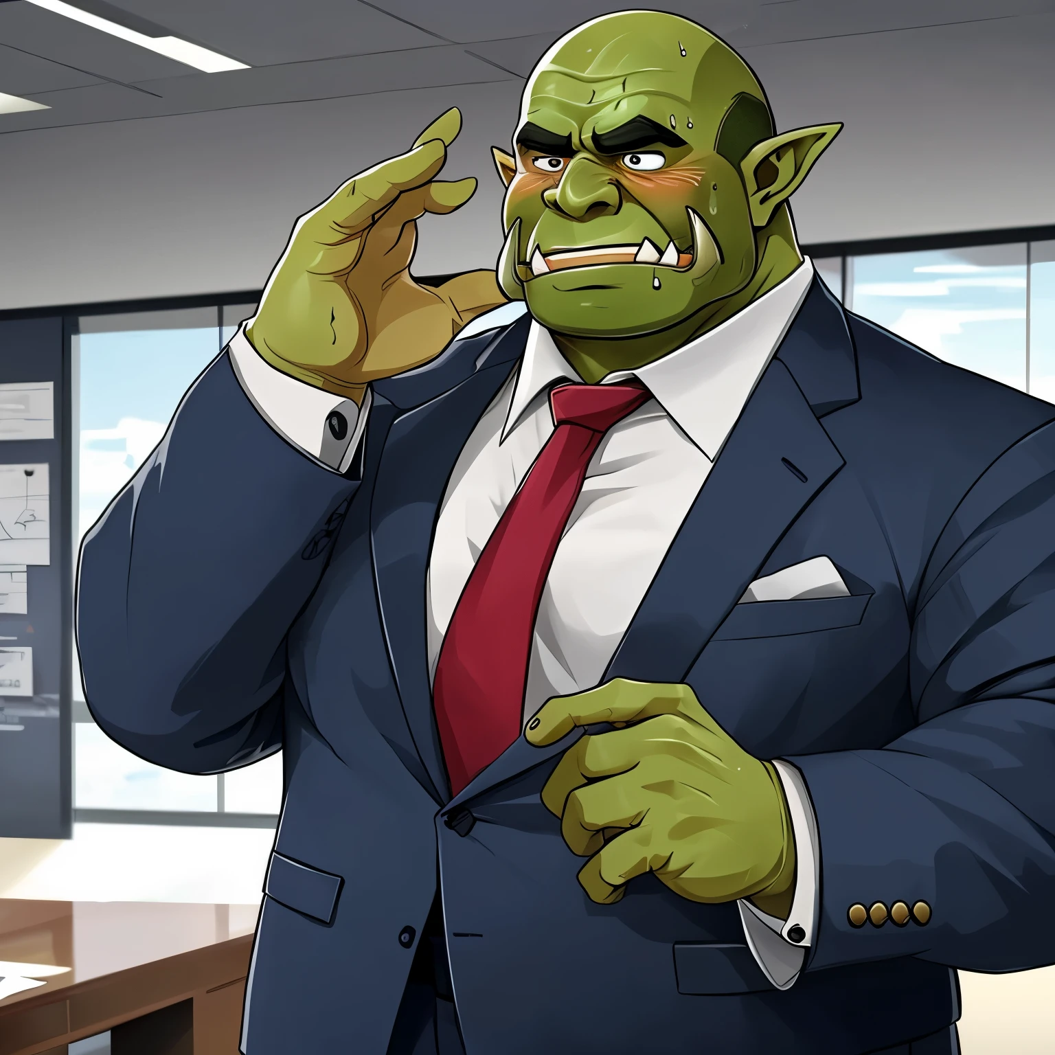 male orc in clothes, overweight, round eyes, wearing a business suit, Tighten your tie, conference room, anime style, High resolution 4K, panicked look, a lot of sweat, blush