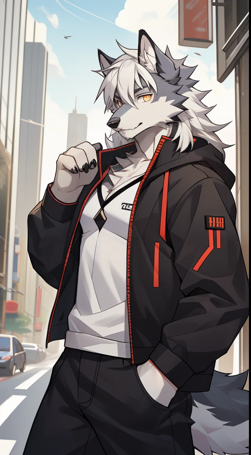 gray wolf，long white hair，City，golden pupils，Handsome，Have a better figure，Say hello by chance，Cai Xukun's