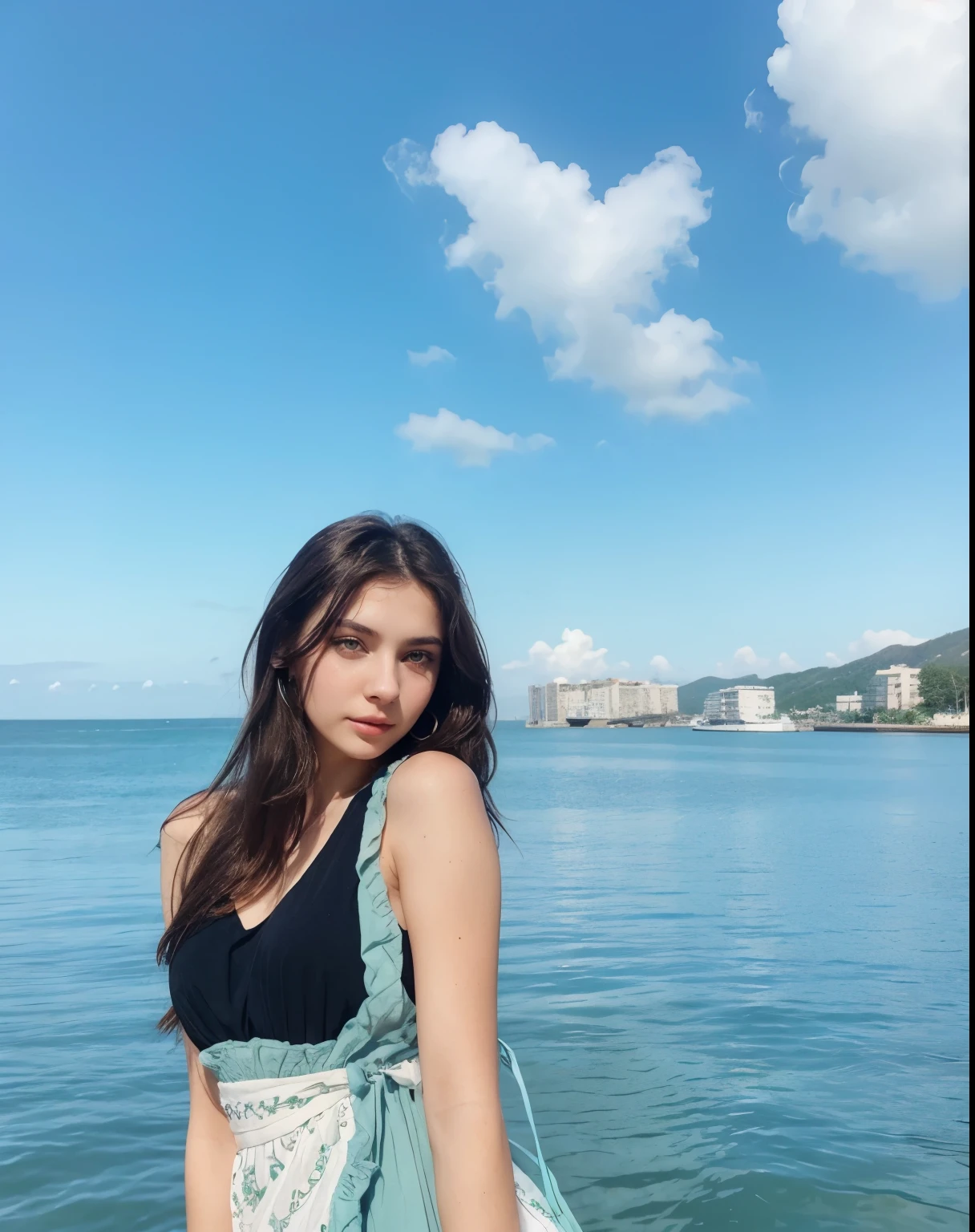 Photo of a 20 year old brunette woman, that has a very natural face, thin lips, thin eyes, thin eyebrows, thin nose, earrings, green eyes, long eyelashes. She makes a cute picture, with the same dress