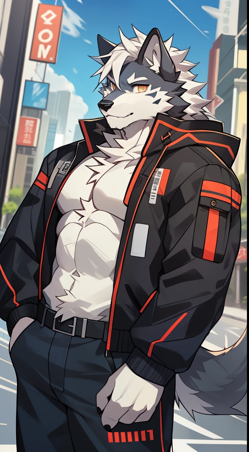 gray wolf,long white hair,City,golden pupils,Handsome,Have a better figure,Say hello by chance,Cai Xukun's