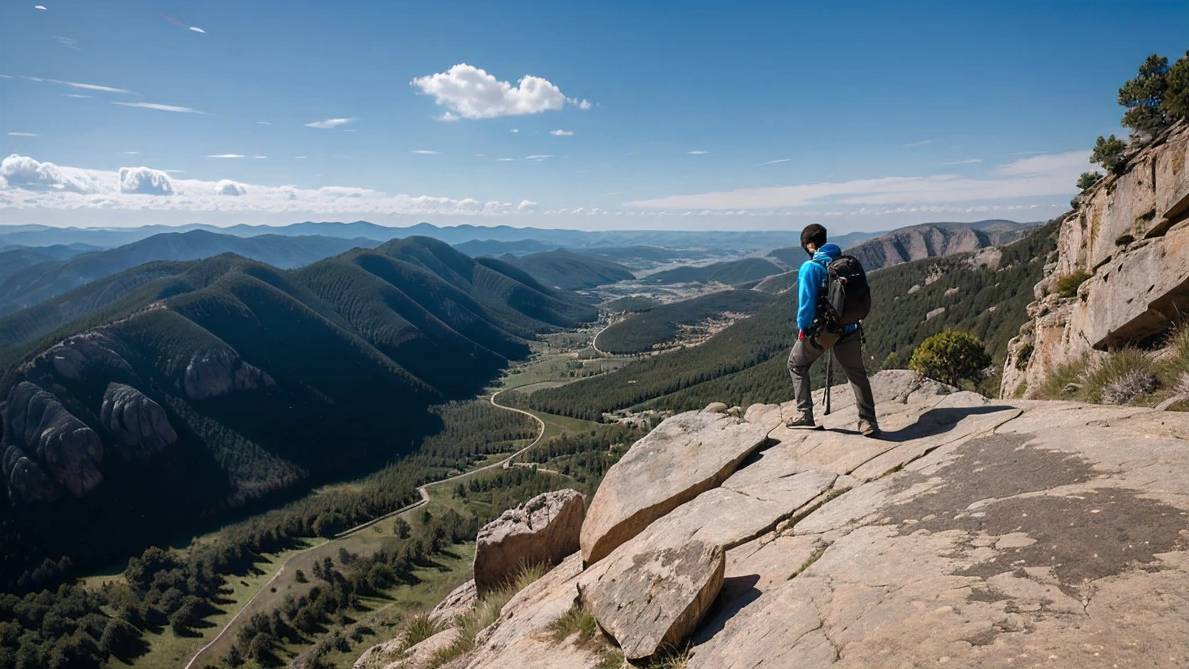 person climbing rock, viewer from top on the person , rocks, nature on background, blue sky, the man fully equipped