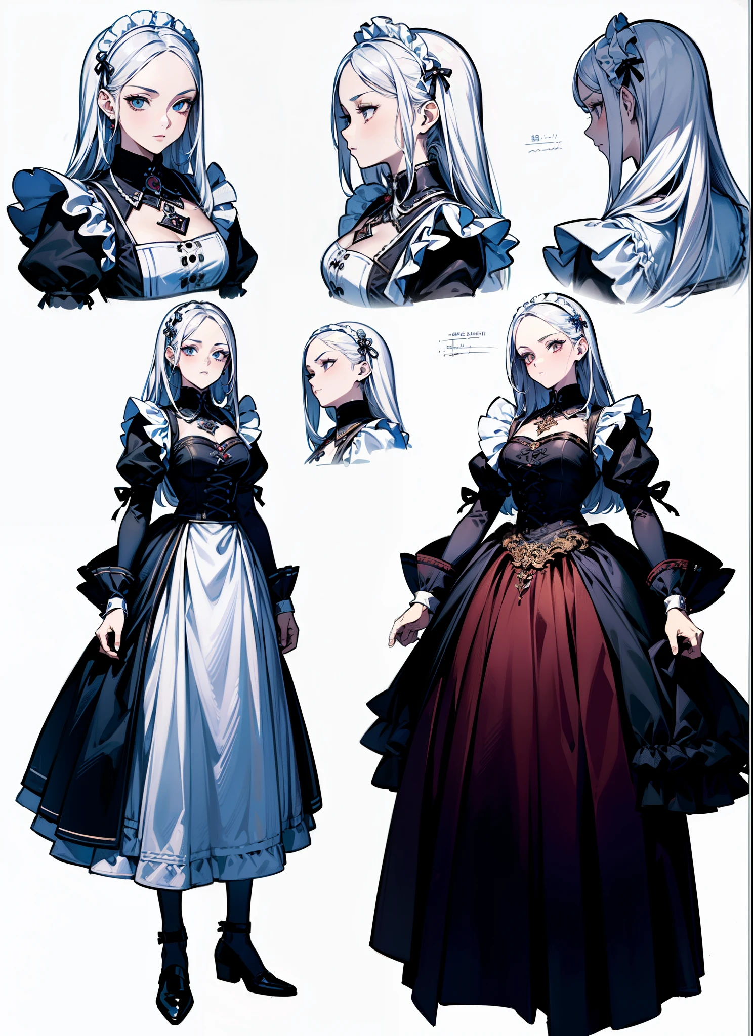 ((masterpiece)),(((best quality))),(character design sheet,same characters,front,side,Back), 1 girl, alone,long white hair,(((maid outfit))),Strong leadership character,,Retro art style,masterpiece,best quality,top quality,super high , concept art, character concept art, character sketch, Reference table, character table, ( Background, white Background: 1.3)