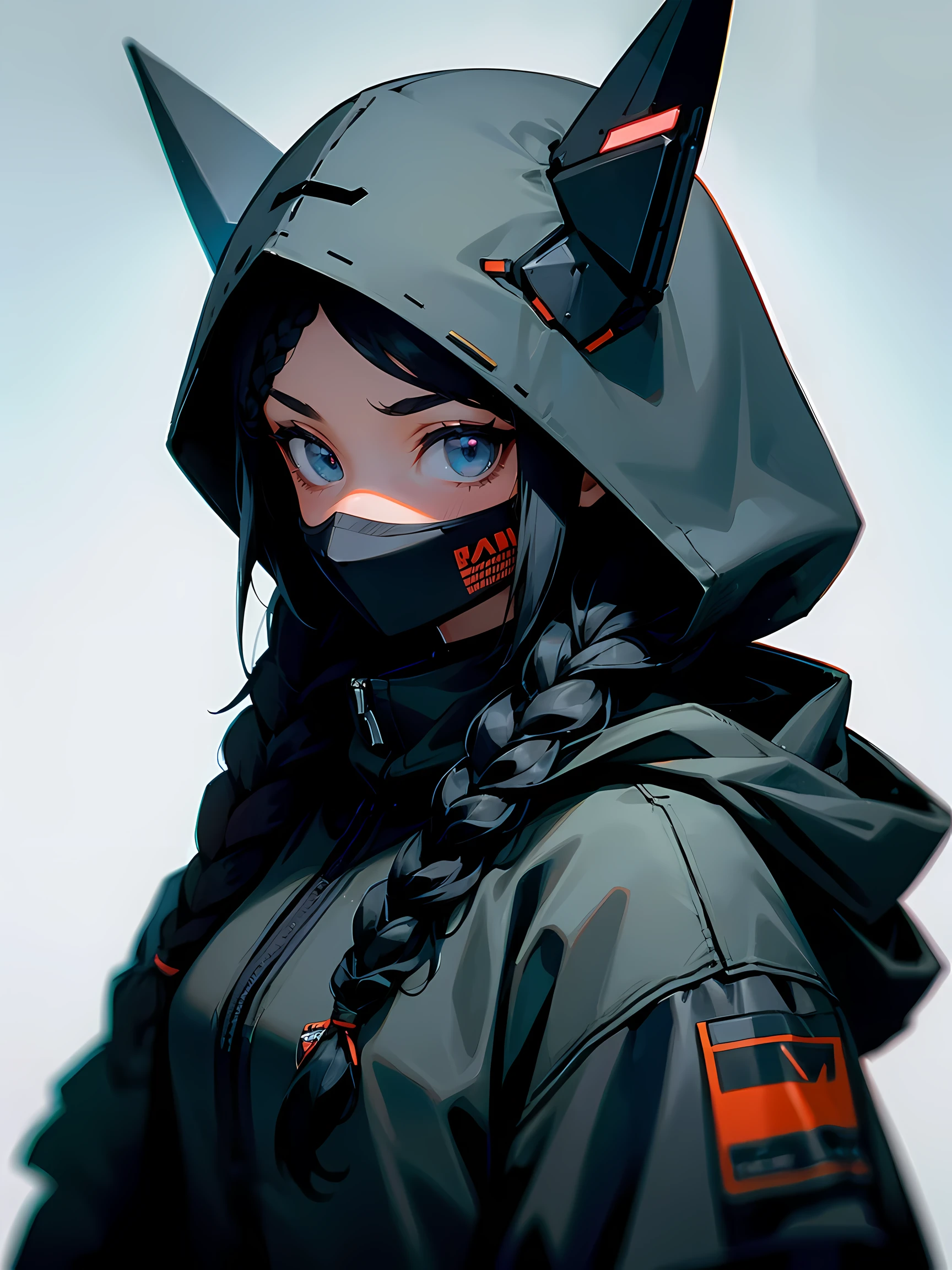 1female, tanned, braided hair, black hair, hood on head, techwear clothing, mask