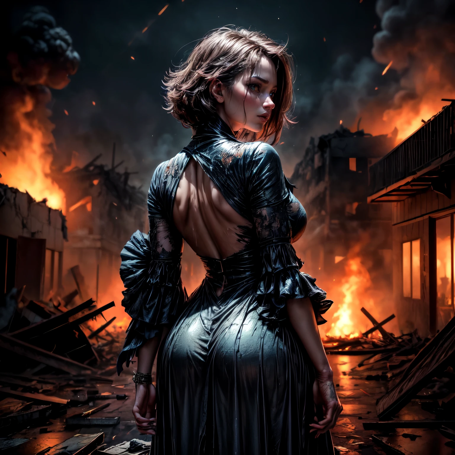 ((best quality)), ((masterpiece)), (detailed),In a scene of devastation and chaos, a lone figure stands atop the broken remnants of once-sturdy houses. With her back to the viewer, the woman gazes out over the fiery landscape, where flames rage unchecked against the night sky. The air is thick with smoke, illuminated by the eerie glow of the inferno.
Surrounding her, the shattered debris of homes and buildings lay strewn about, bearing witness to the ferocity of the conflict that has consumed the area. Yet amidst the destruction, the woman stands tall, her silhouette outlined against the backdrop of flames.
Above, the sky is bathed in a deep, ethereal blue, suffused with the radiance of a powerful magical spell. The azure hue casts an otherworldly glow over the scene, imbuing the atmosphere with a sense of mystique and power.
With determination etched upon her features, the woman remains steadfast in the face of adversity, a beacon of strength and resilience amidst the chaos of battle.