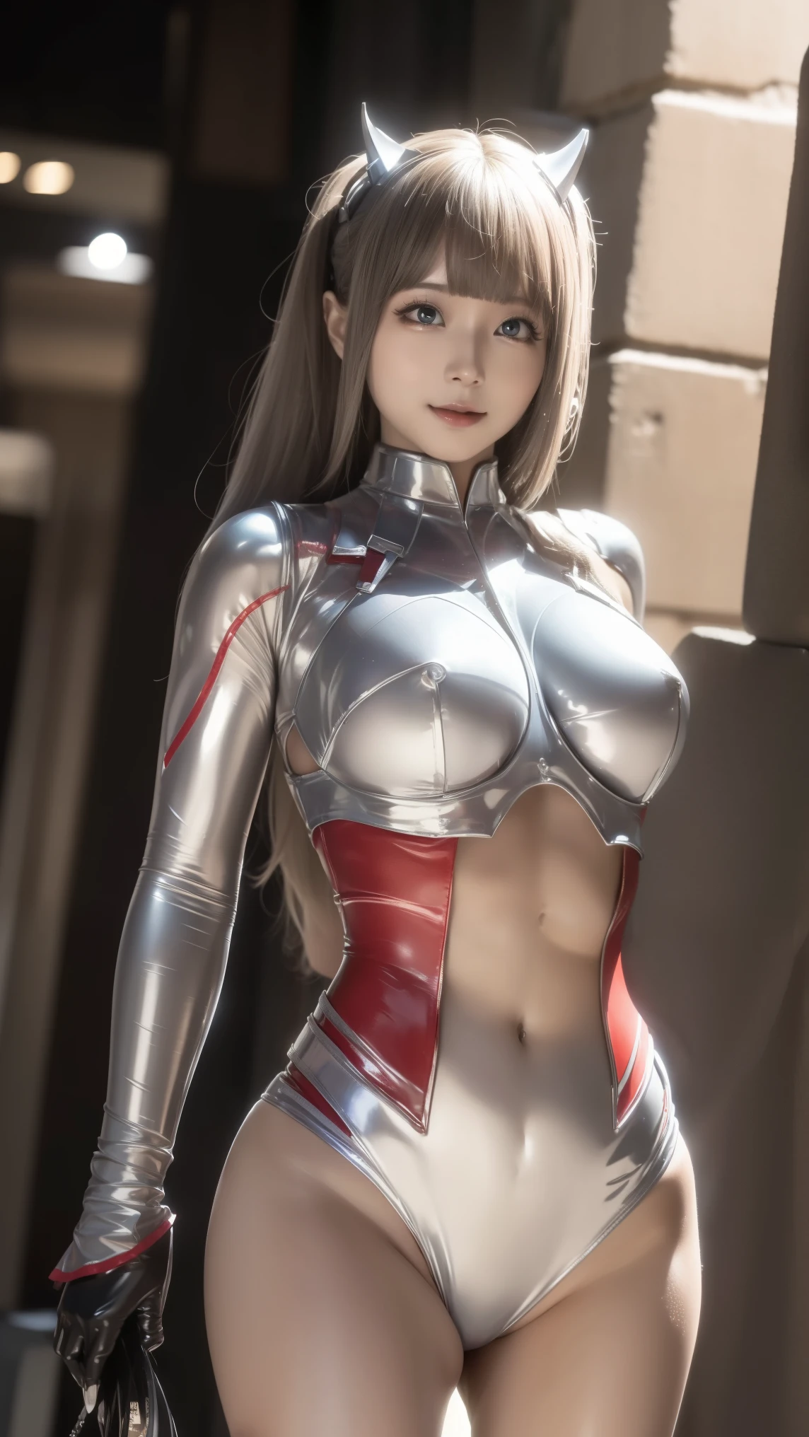 （masterpiece、8k、Super exquisite、high resolution），(((Female Ultraman))),medium breasts，(((no muscle boob)))，(他of头逐渐变细,Body material is red and silver，The arms present a streamlined design，There is a round calculator on the chest，Looks tall and thin，The overall shape is streamlined、現代of)，(standing exercise posture)，Posing for photos，high angle，night，Urban ruins，background details，（（（Whole BodyEsbian））），solo，(((巨大of感觉))),NSFW,camel toe,dynamic poses,from below,Inguinal focus,早晨of太阳,(of:1.3),(standing),,(Open:1.1),((Wet cat:1.1)),(Long silver hair:1.1),red blush,Smile,(cum on face:1.2)