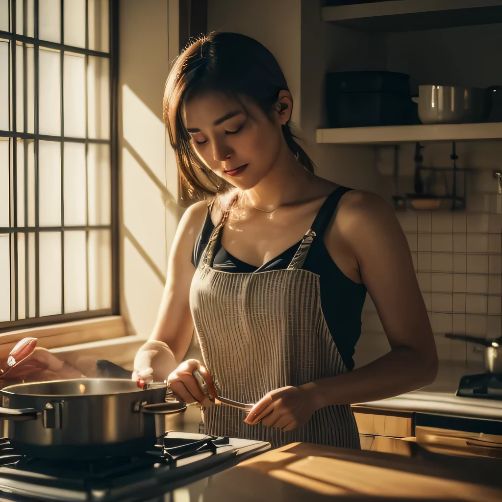 ((realistic lighting, highest quality, 8k, masterpiece: 1.3))、Photo of a Japanese woman cooking in the kitchen,Beautiful woman