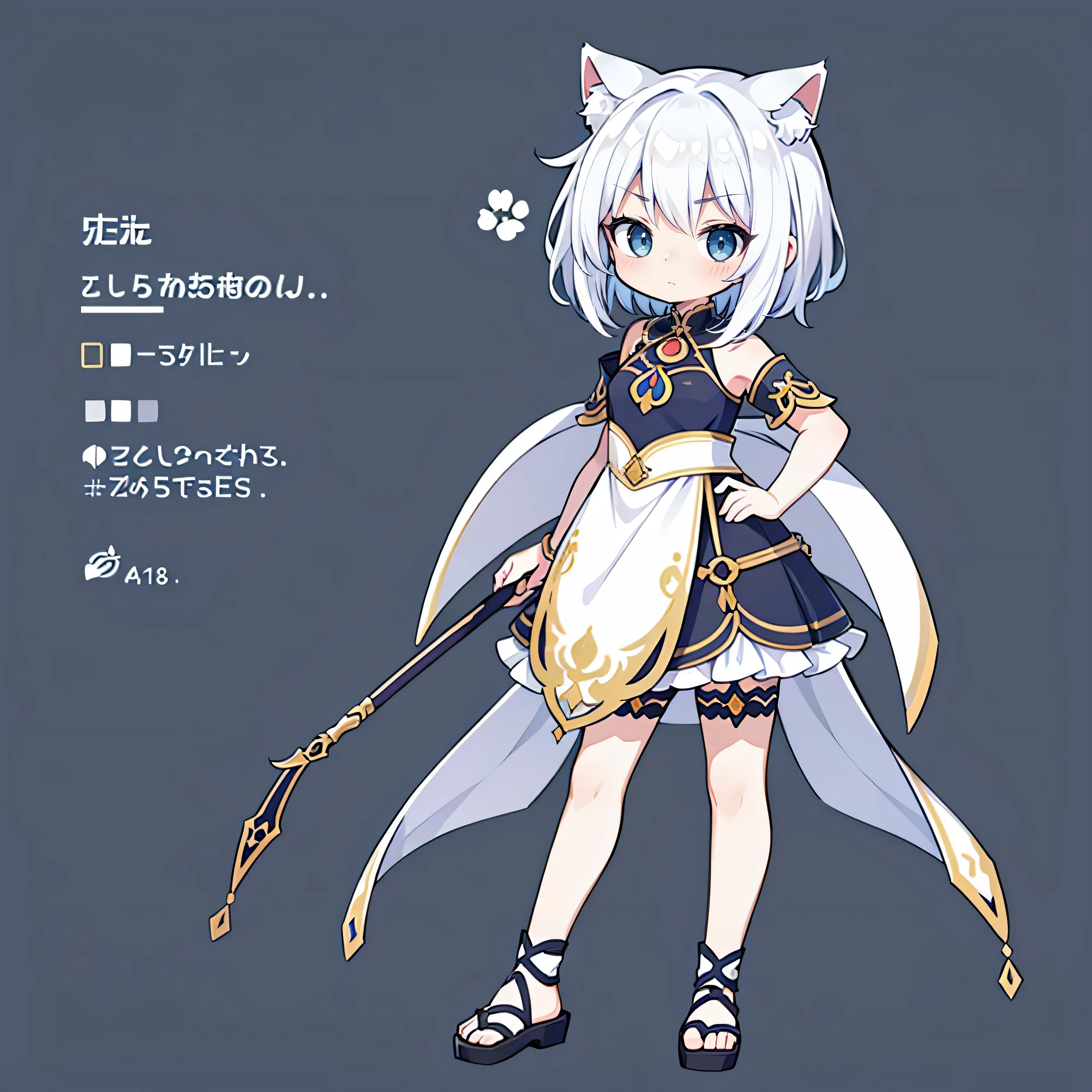 girl, Short hair, cat ears, gray hair, SD characters, Fusion clothing combining Eastern and Western medieval styles., 女戦士コスチューム, Various costume colors, Combat Uniform