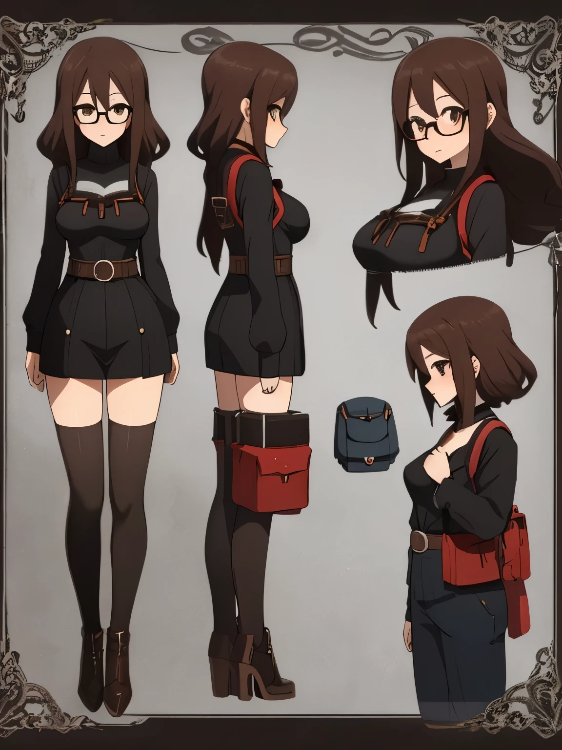 （masterpiece、Super exquisite、high resolution），），（romantic、Innocent、𝓡𝓸𝓶𝓪𝓷𝓽𝓲𝓬、adventure、Bold、Travel Elements），（character design sheet:1.5, same characters, front, side, Back), woman, Glasses, Long curly hair, bow, lace, Black Sweater, bag, waist pouch, harness, tool带, tool