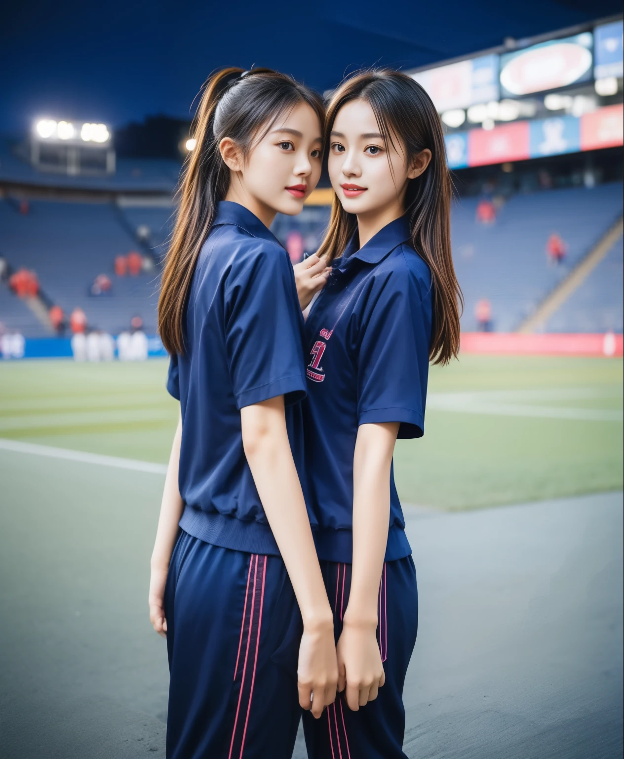 (best quality,10,10,height,Masterpiece:1.2),Special details,(realistic,ภาพrealistic,Realistic photos:1.37),1 cute girl on the football field,shiny, ผิวshiny,only,smile softly,BDclothelue shirt:1.3)),short sleeve,shirt, กางเกงขาlong.,(navy_long_track pants:1.1), ((stadium background:1.3)),Dynamic angle,excited,Face focus,dynamic poses,from behind,focus on ass,Masterpiece, best quality, ultra realistic, hyper-detail, 8K resolution, raw photos, Sharp focus, ((Navy blue shirt:1.1)), short sleeve, เส้นทางlong, perfect body, 2 mature women, 18 years old, Cinema-grade lighting system,blue sweatpants,shirtผ้าออกกำลังกาย,correct anatomy,perfect body, correct body, Sharp face, correct bodyทางกายวิภาค, full body, realistic gestures, long-haired, realistic poses,Wear long shorts................................,ช่วงขาlong,Good shape,carved girl, Slender figure, model, Good shape, beautiful body,blue sweatpants, two girls kissing