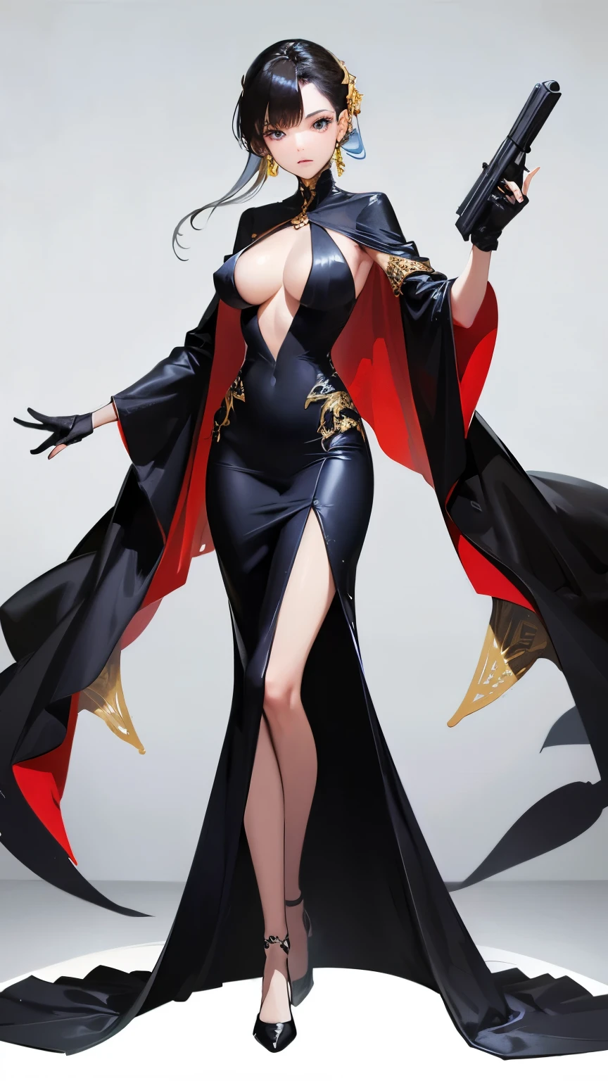 sexy，cold，beautiful woman，Wearing evening gown，Right hand raised holding gun，The left hand droops naturally，cool，Standing posture，complete body，no background