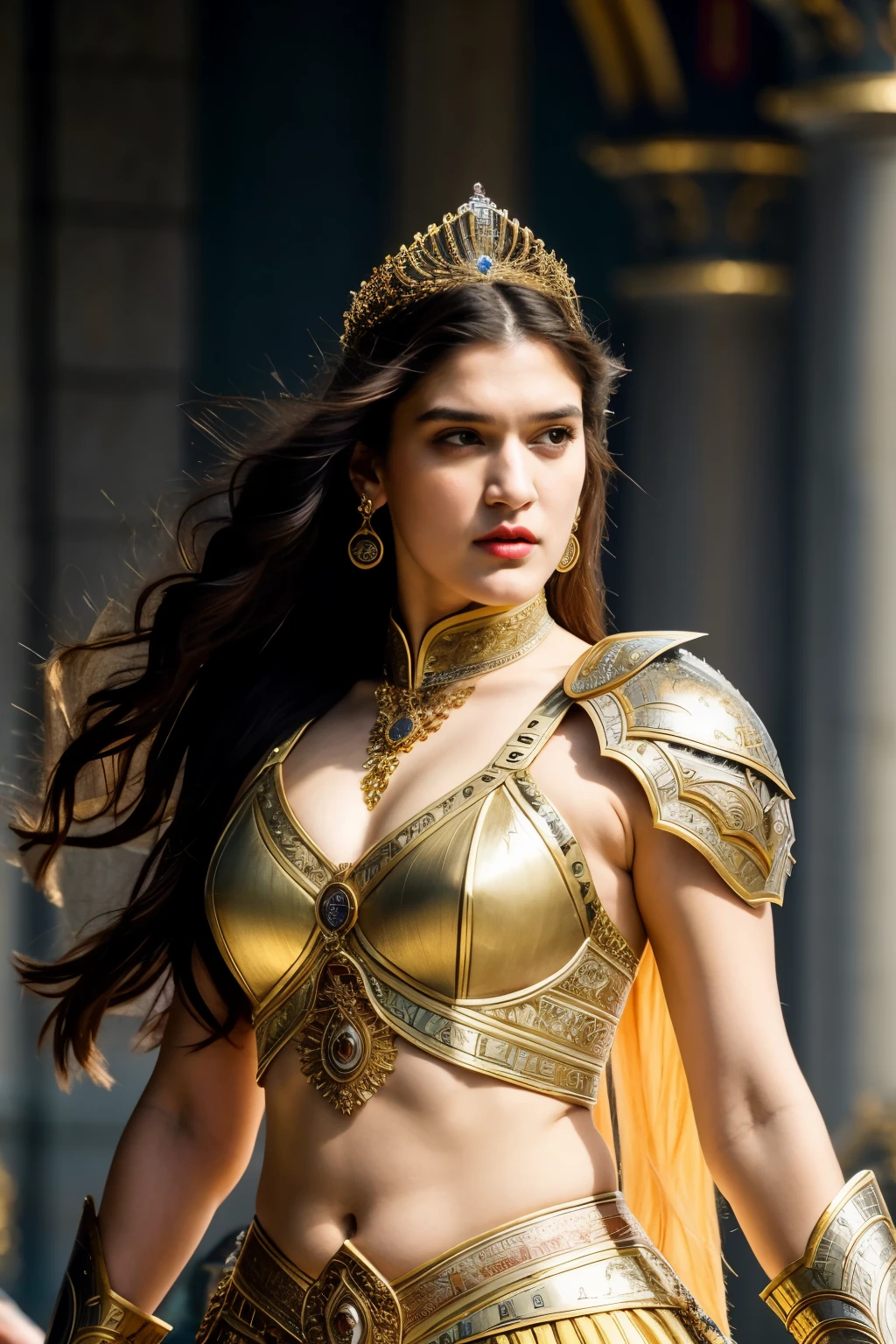 Looks like Kriti Sanon, "Design an illustration of a stunning and powerful warrior queen with a regal presence, captivating thick figure, She should possess a combination of strength and grace. Imagine her in ornate, yet practical armor that complements her figure. The armor should be adorned with intricate details and symbols representing her royal lineage and warrior prowess. Her weapon of choice could be a unique and elegant sword or a mythical weapon that reflects her status as a formidable leader.
Her facial features should exude confidence and determination, with piercing eyes that convey both fierceness and wisdom. The queen's hair, whether long or short, should flow dynamically, hinting at her movement in battle. Consider incorporating elements that emphasize her connection to nature or a mythical realm, such as ethereal backgrounds, symbolic animals, or mystical symbols.
Pay attention to the color palette; use rich, bold colors that enhance her royal aura. Experiment with lighting to highlight specific details and create a sense of drama. Ensure that her posture and expression capture the essence of a queen who commands respect and admiration. Feel free to draw inspiration from historical warrior queens or fictional characters, blending elements to create a unique and captivating image."