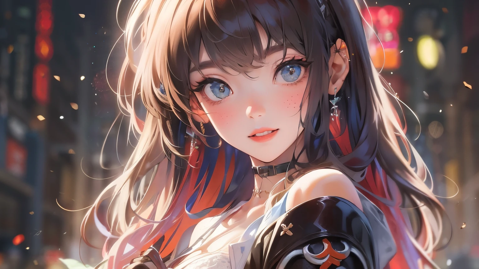 best quality, masterpiece, ultra high resolution, lifelike, 1 girl, Off the shoulders, Smile