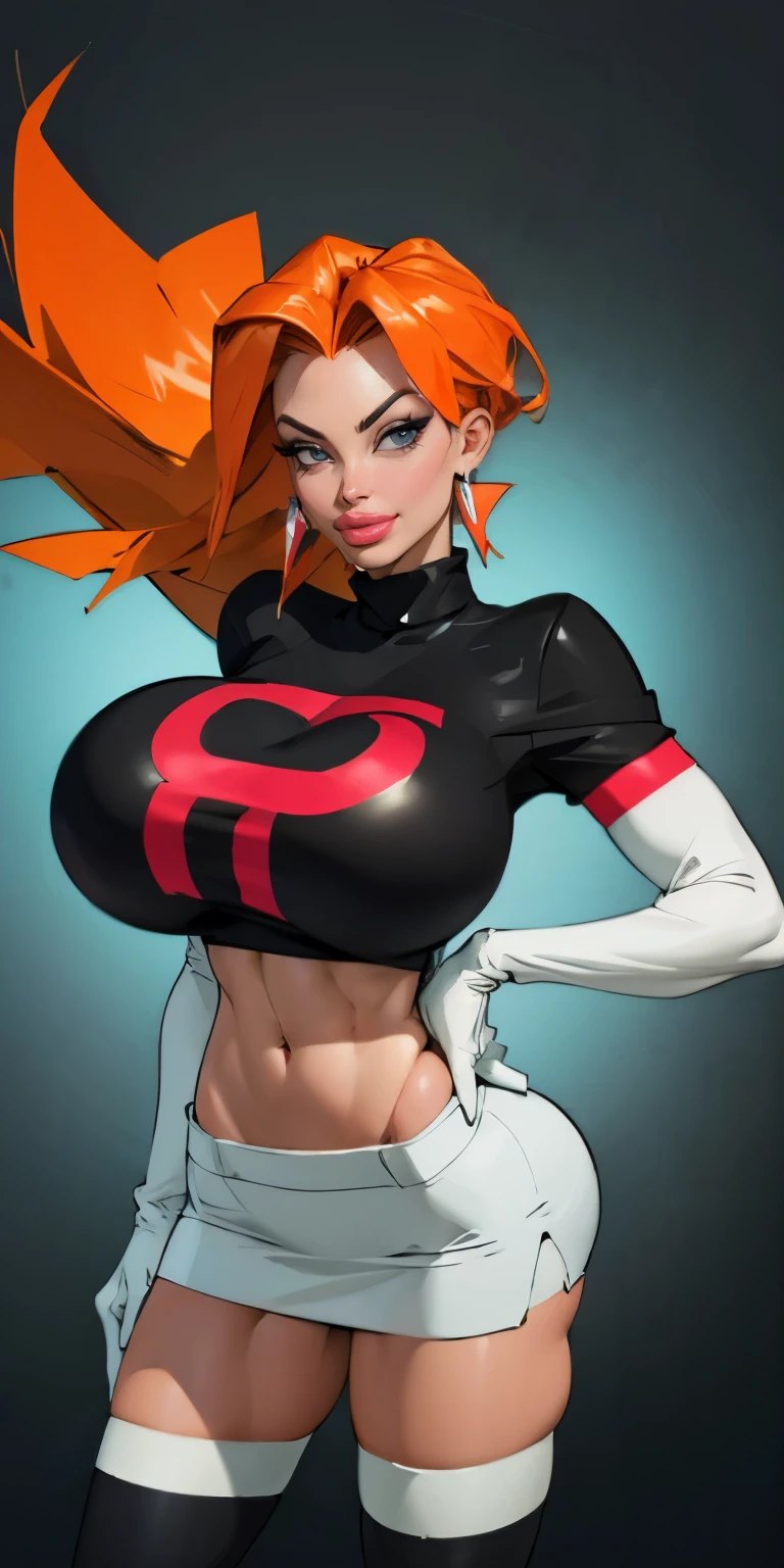 (best quality,4k,8k,highres,masterpiece:1.2),ultra-detailed),HDR,UHD,1girl, full body of beautiful jessie, (black turtleneck top), looking at viewer, volumetric lighting, best quality, masterpiece, realistic , (gigantic breasts), 1girl, face portrait of cassidy evil smile, team rocket,volumetric lighting, best quality, masterpiece, retro artstyle, ((cassidy)), (gigantic breasts), (orange hair), ((team rocket uniform)), short black skirt,midriff, ((white pirate boots)), pantyhose, navel, long hair, ((white opera gloves)), cowboy shot