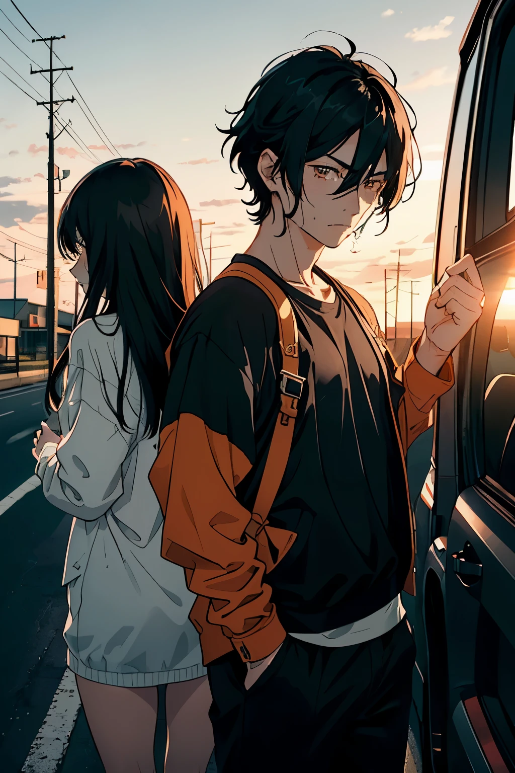 Ojigen Road Love Fight: A top-quality masterpiece of intense emotion and passion, showcasing a male and female couple locked in a heated argument on a desolate road. The sun begins to set, casting a warm, orange glow over the scene. The man, with messy, short hair and determined eyes, clenches his fists as the woman, with long, flowing black hair and tear-streaked cheeks, points an accusing finger. Both protagonists wear casual, yet stylish outfits suitable for a road trip.

With nostalgic background music, the scene is rendered in high resolution, capturing every intricate detail from the wrinkles in their clothes to the veins