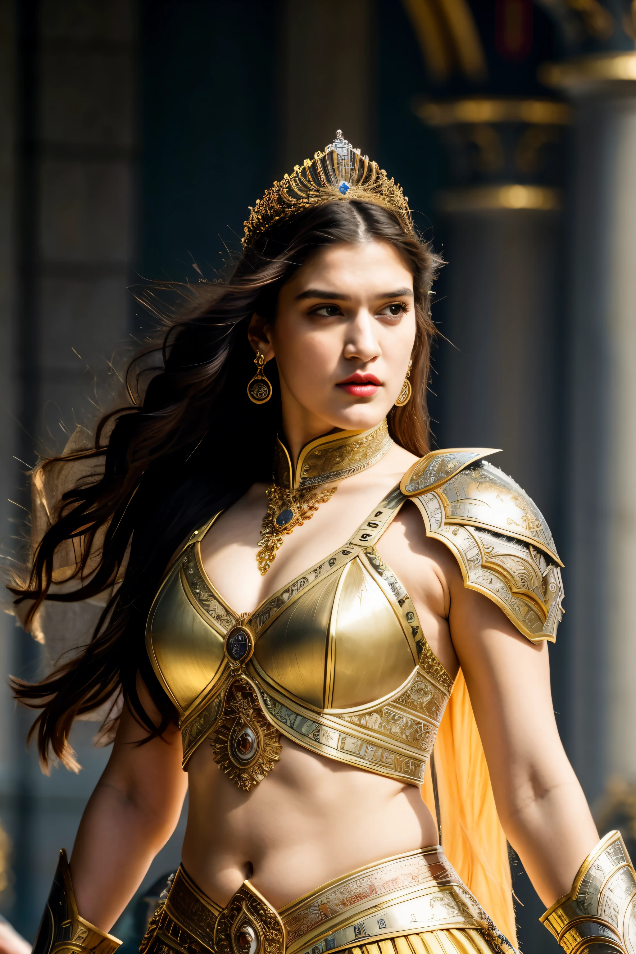 Looks like Kriti Sanon, "Design an illustration of a stunning and powerful warrior queen with a regal presence, captivating thick figure,  She should possess a combination of strength and grace. Imagine her in ornate, yet practical armor that complements her figure. The armor should be adorned with intricate details and symbols representing her royal lineage and warrior prowess. Her weapon of choice could be a unique and elegant sword or a mythical weapon that reflects her status as a formidable leader.

Her facial features should exude confidence and determination, with piercing eyes that convey both fierceness and wisdom. The queen's hair, whether long or short, should flow dynamically, hinting at her movement in battle. Consider incorporating elements that emphasize her connection to nature or a mythical realm, such as ethereal backgrounds, symbolic animals, or mystical symbols.

Pay attention to the color palette; use rich, bold colors that enhance her royal aura. Experiment with lighting to highlight specific details and create a sense of drama. Ensure that her posture and expression capture the essence of a queen who commands respect and admiration. Feel free to draw inspiration from historical warrior queens or fictional characters, blending elements to create a unique and captivating image."