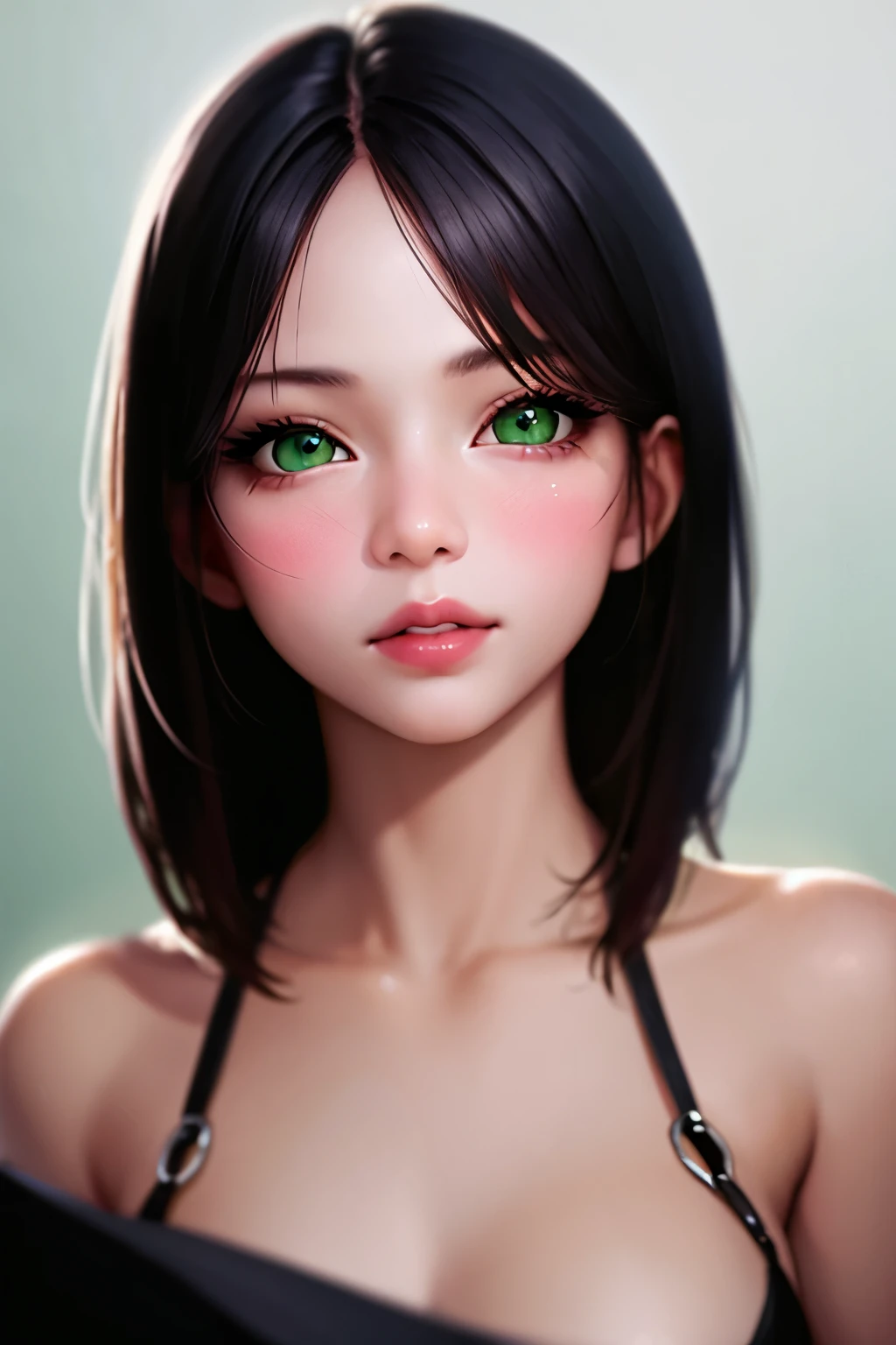 1 girl, beautiful face, ((green eyes)), normal pose, shoulder length hair, side bangs, colorful wallpaper, (Lightroom:1.13), Soft light, (natural skin texture:1.2), (hyperrealism:1.2), sharp focus, concentrated, looking at the camera, full face