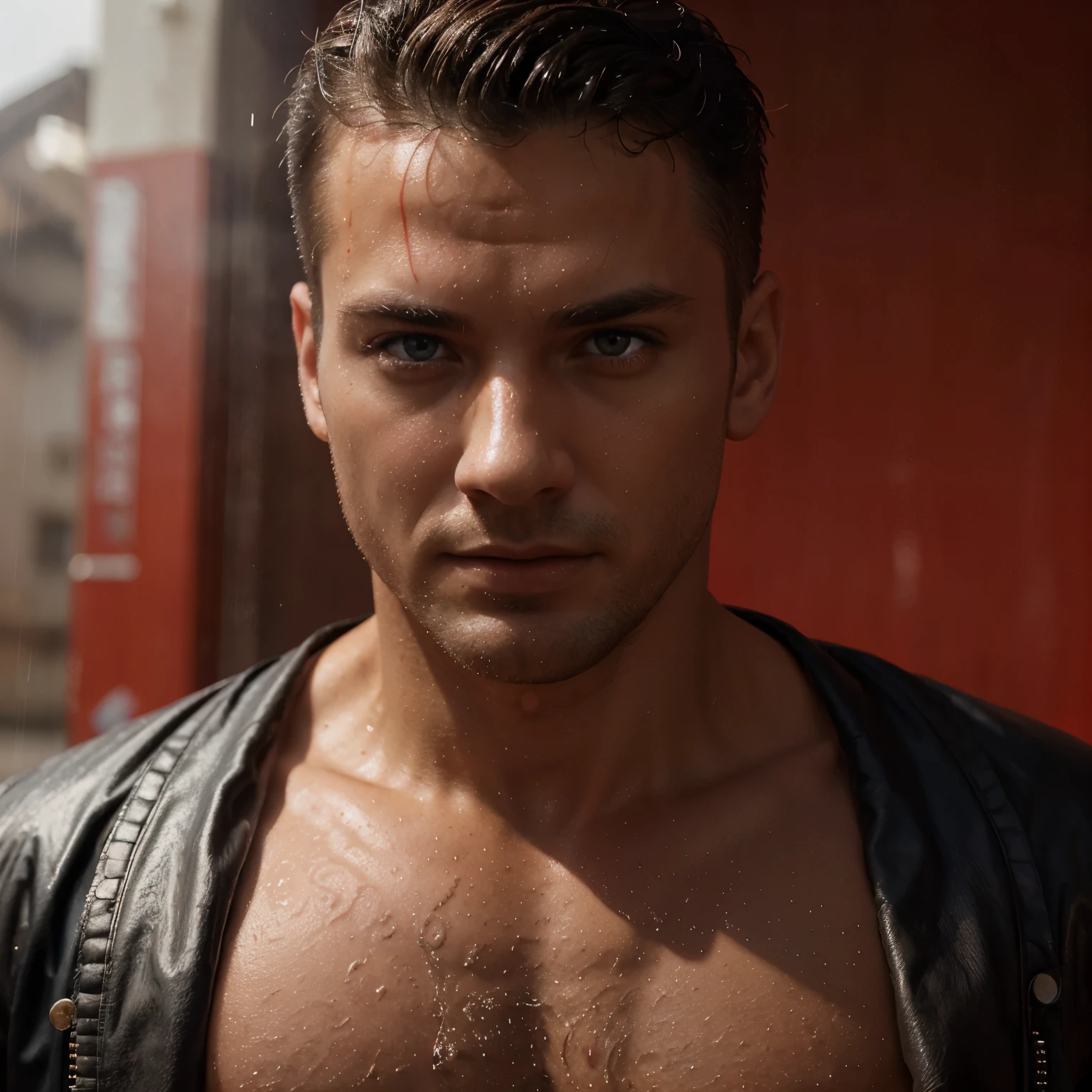 (masterpiece, intricately detailed, highest resolution, best quality:1.2), (doujin), a cocky David Corenswet, a 24 y.o muscle stud with a muscular physique sitting on a chair with black eyes,dark-skinned male, wearing a ((open jacket, chav, armbands)), ((excessive cum)) ((cum on body)) (cum drip), flaccid penis,saggy balls,hairy chest,vascular,muscle striations,soft light,fantastic realism,