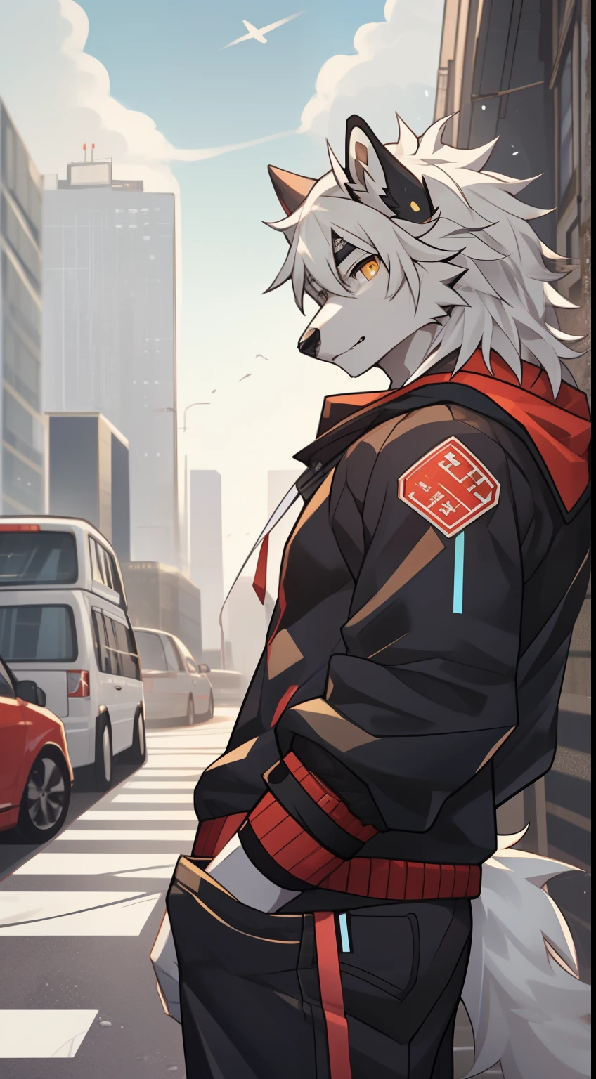 gray wolf，long white hair，City，golden pupils，Handsome，Have a better figure，Say hello by chance，Cai Xukun's