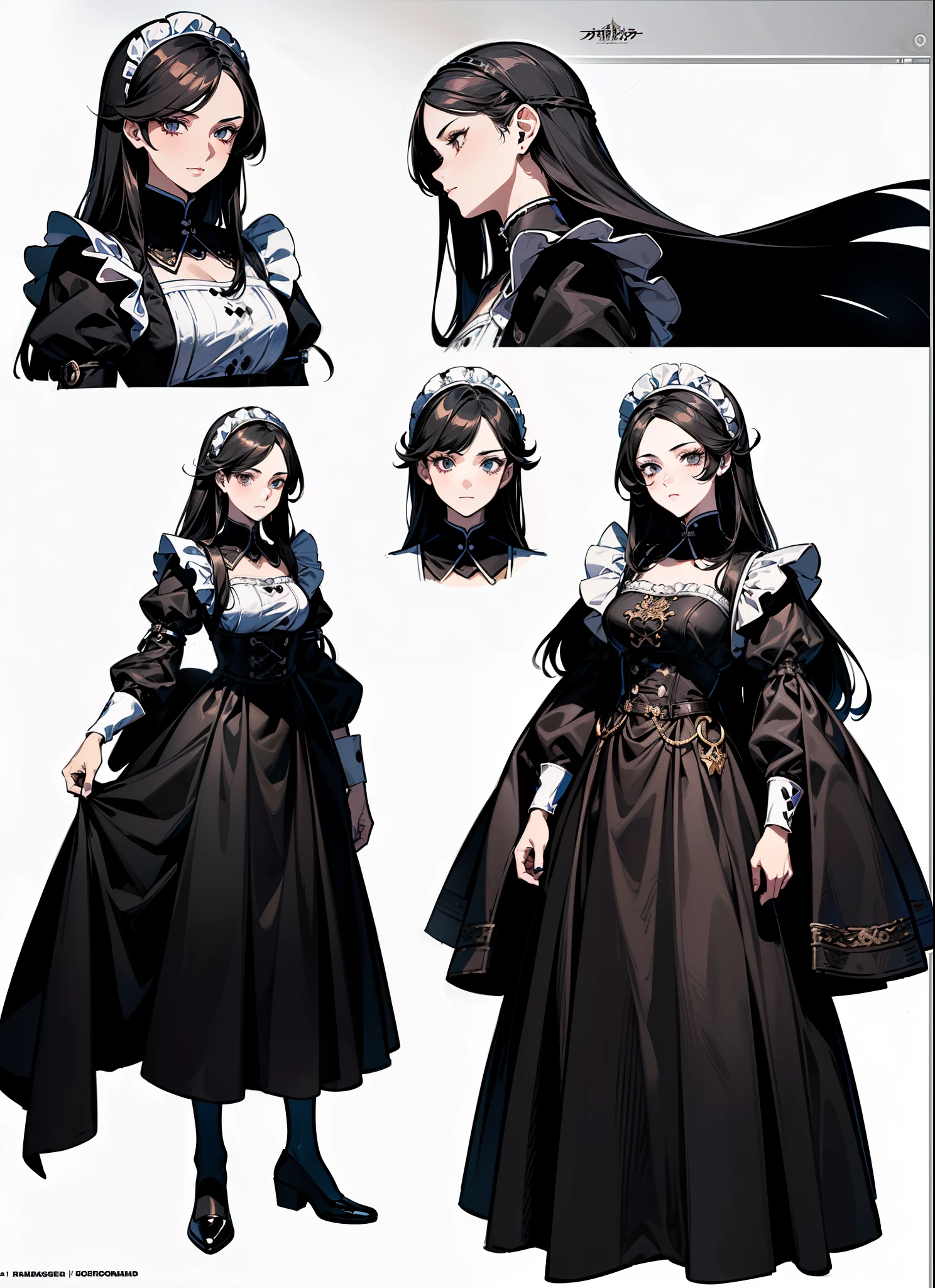 ((masterpiece)),(((best quality))),(character design sheet,same characters,front,side,Back), 1 girl, alone,long black hair,(((White maid outfit))),Strong leadership character,,Retro art style,masterpiece,best quality,top quality,super high , concept art, character concept art, character sketch, Reference table, character table, ( Background, white Background: 1.3)